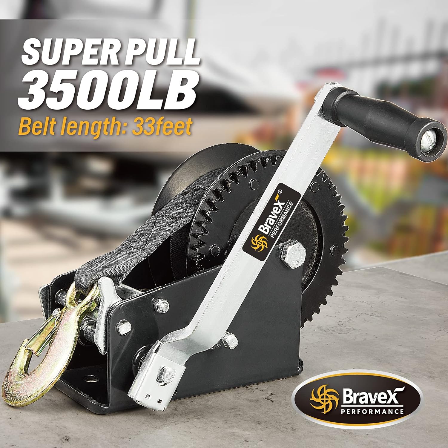 Megalint Boat Trailer Winch 3500lbs with 33ft Strap, Heavy Duty Hook Portable Hand Winch, Steel Cable 3500lb Winch Two Way Ratchet Manual Winch for SUV ATV UTV Boat for 4:1/8:1 Gear Crank Winch Pack of 2