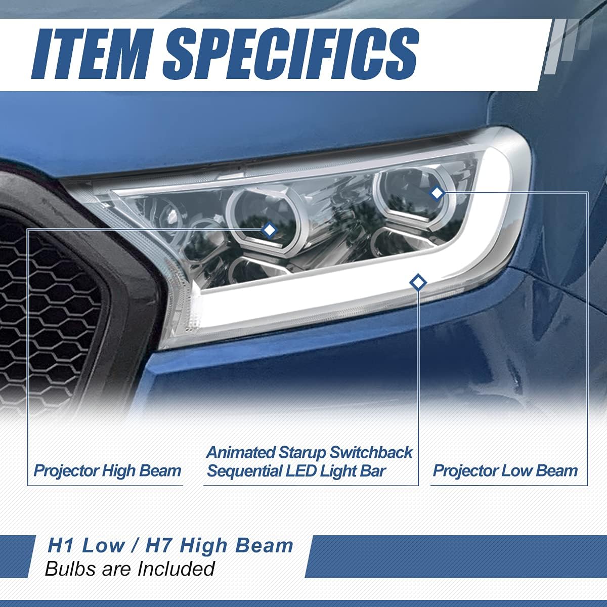 [Halogen Model] 3-Stage Startup Sequential Switchback LED Turn Signal DRL Dual Projector Headlights Compatible with Ford Ranger XL XLT 19-21, Driver and Passenger Side, Chrome Housing