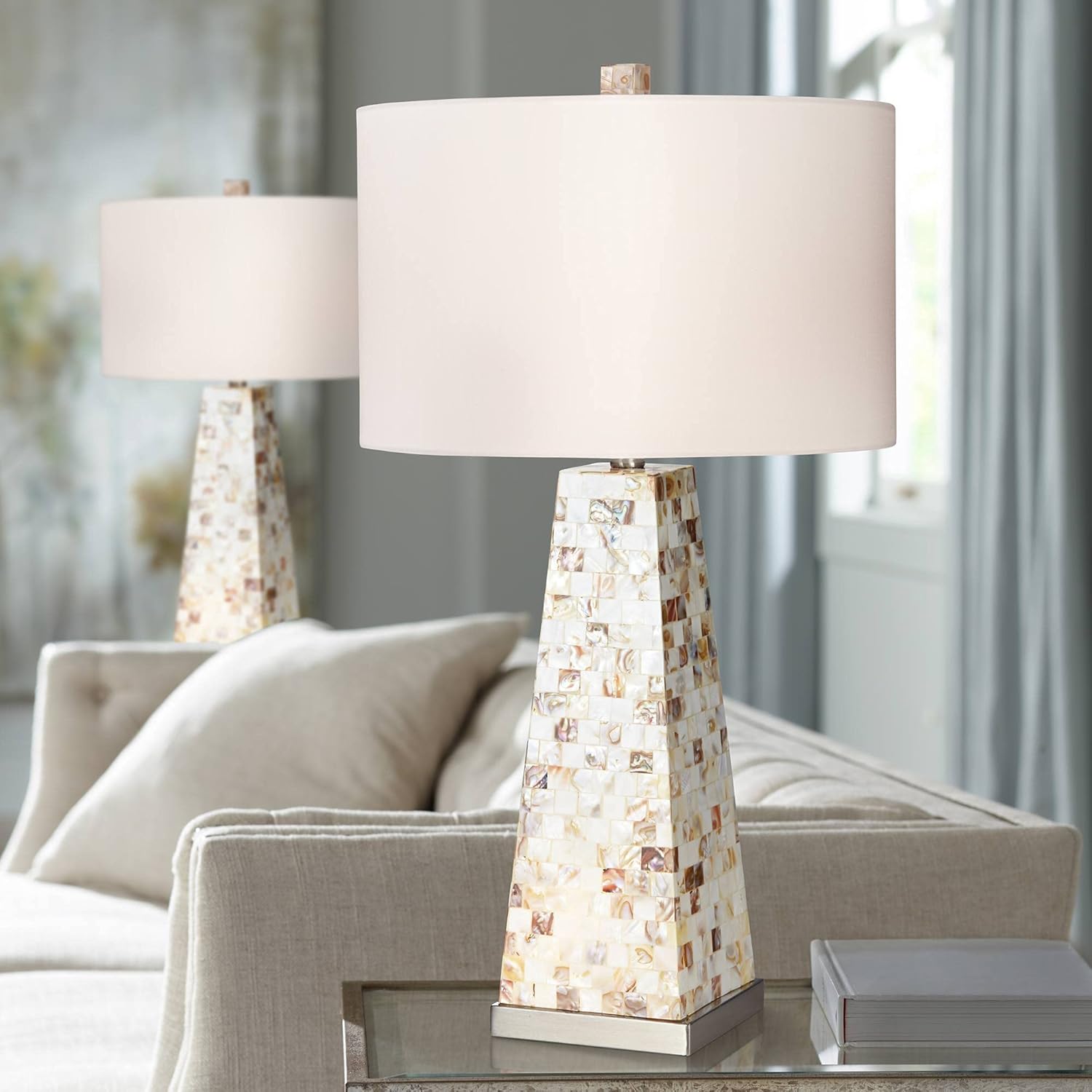 Lorin Coastal Table Lamps Set of 2 with Nightlight Mother of Pearl Handmade White Drum Shade Decor for Living Room Bedroom Beach House Bedside Nightstand Home Office Family - Possini Euro Design