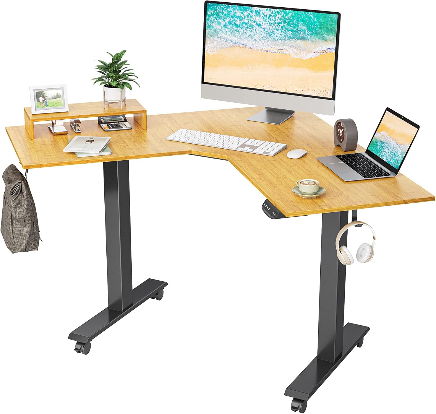 FEZIBO Dual Motor L Shaped Electric Standing Desk, 48 Inches Corner Sit Stand Desk, Home Office Adjustable Height Desk with Black Top and Black Frame