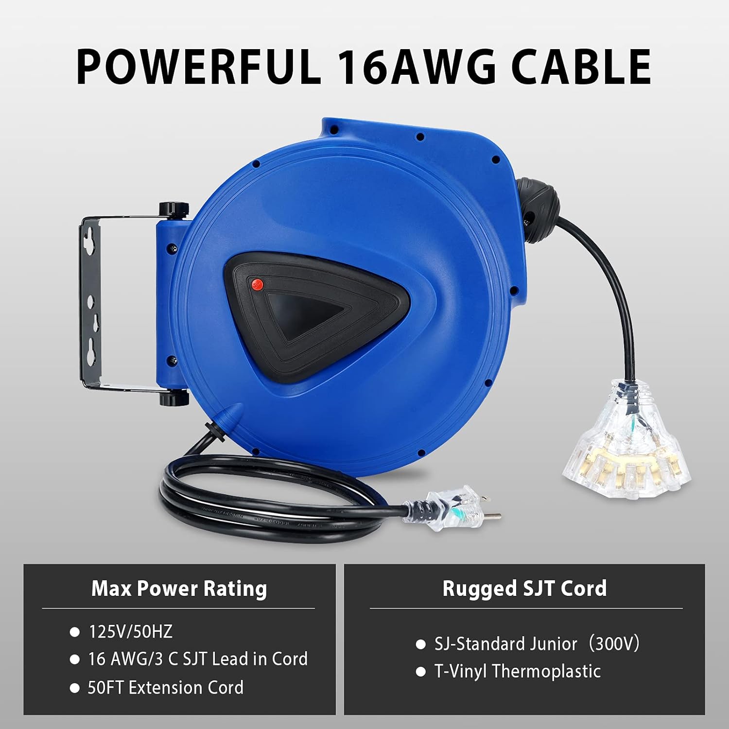 50ft Retractable Extension Cord Reel with Outlet Triple Tap,16AWG/3C SJT, Ceiling or Wall Swivel Bracket Heavy Duty Power Cord Reel, Electric Cord Storage Reel for Garage, Basement, Repair Shop. Pack of 2