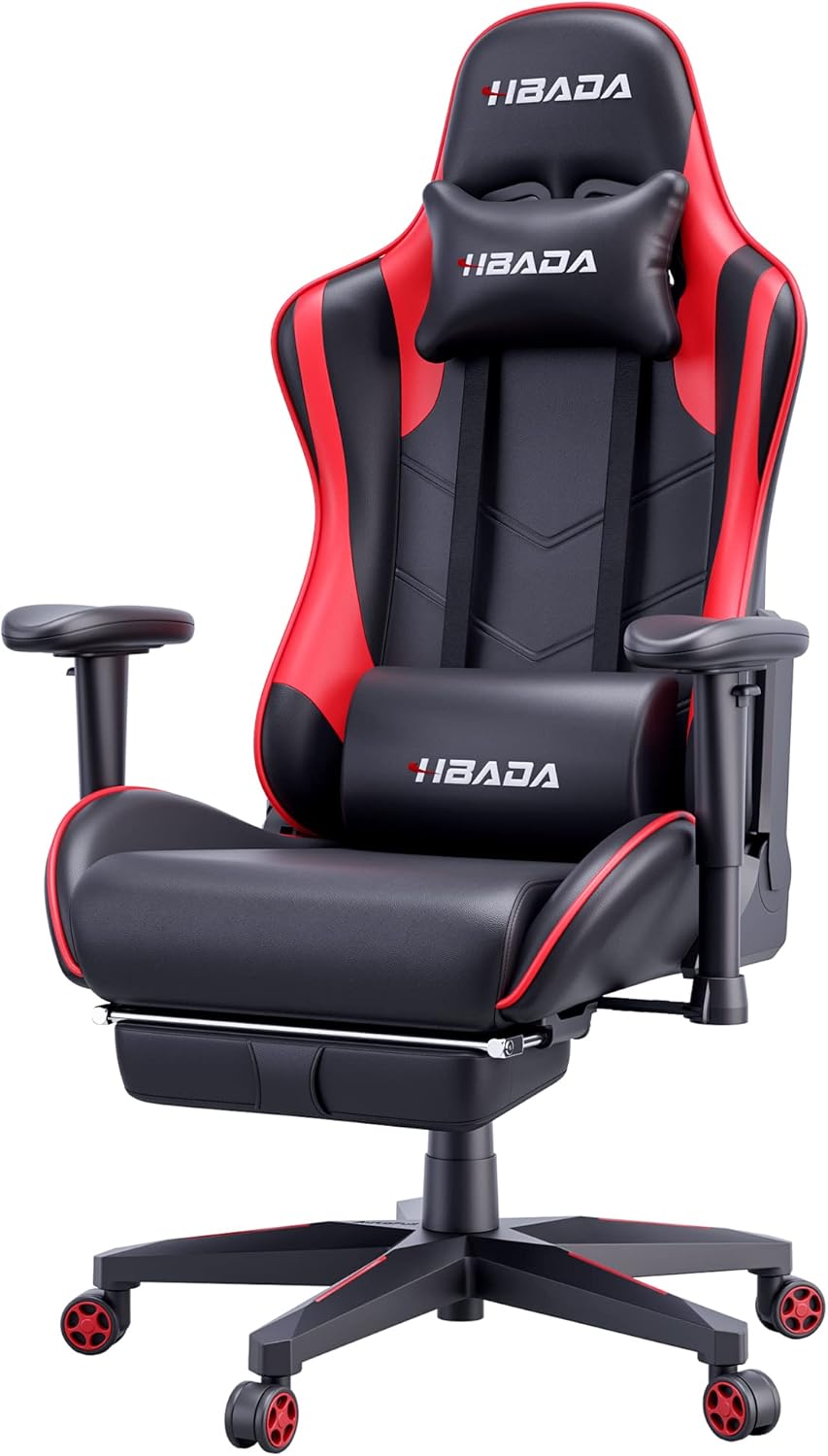 Hbada Gaming Ergonomic Racing High-Back Computer Height Adjustable Headrest and Lumbar Support E-Sports Swivel Chair, Red and Black, 21.65