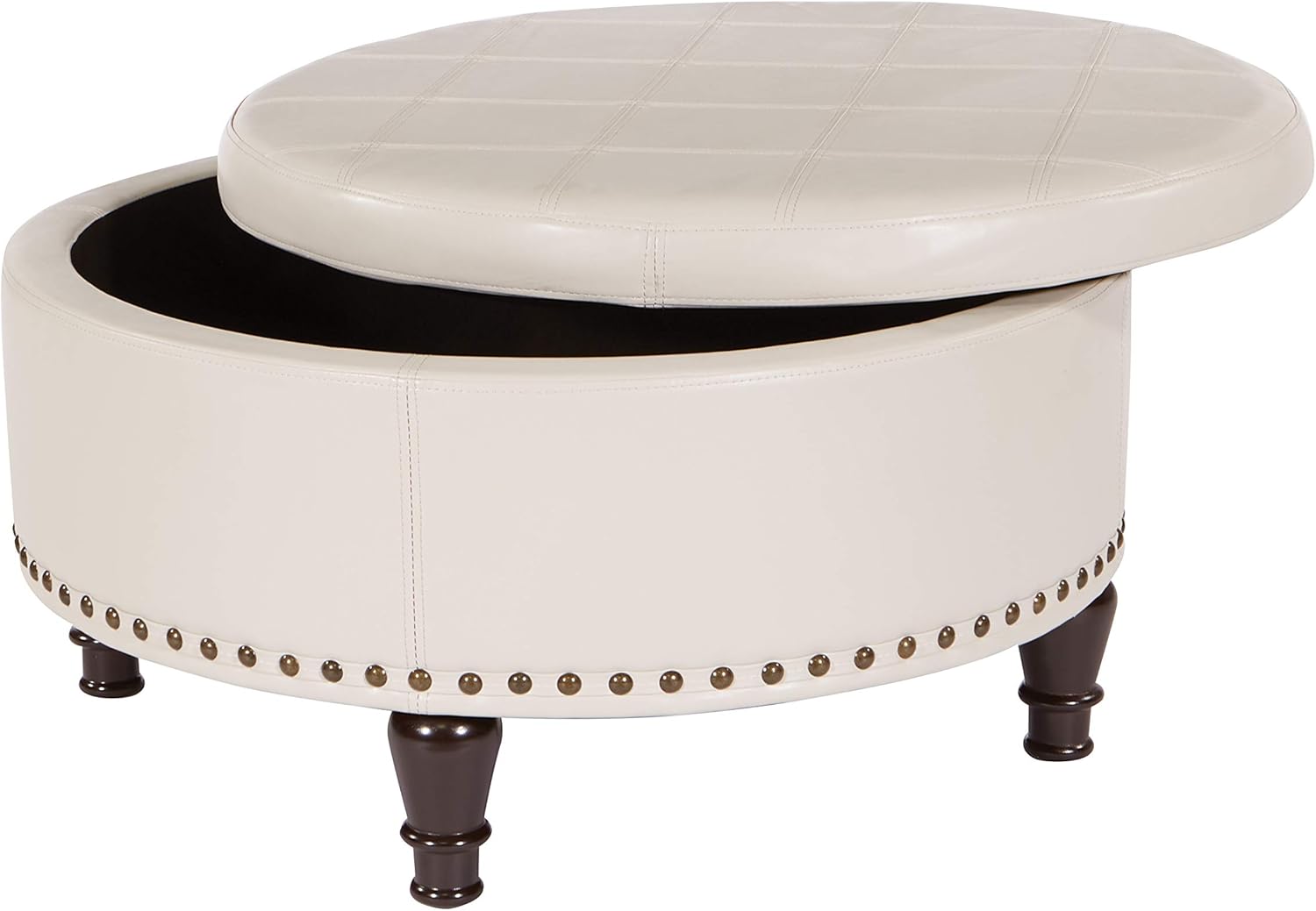 OSP Home Furnishings Augusta Round Storage Ottoman with Decorative Nailheads and Flip Over Lid with Serving Tray Surface, Espresso Faux Leather
