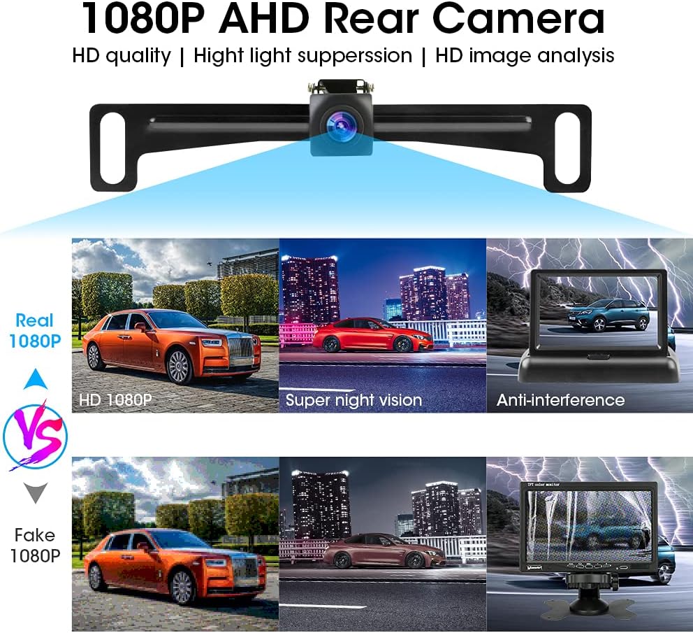 2021 Newest AHD Backup Camera for Car with Monitor, 1080P Rear View Camera Enhanced Night Vision with License Plate Camera Bracket