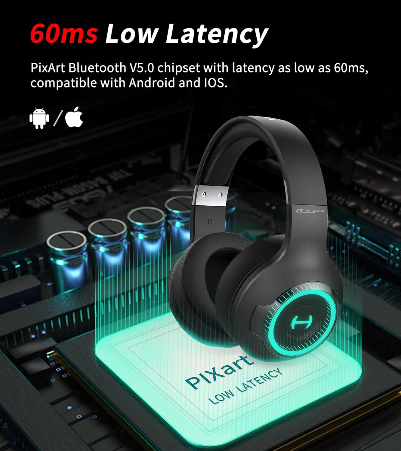 HECATE G33BT Bluetooth 5.0 Wireless Gaming Headset - Low Latency Headset with Detachable Microphone - Over Ear Soft Ear Cups Stereo Headsets with 48H Playtime and RGB Light