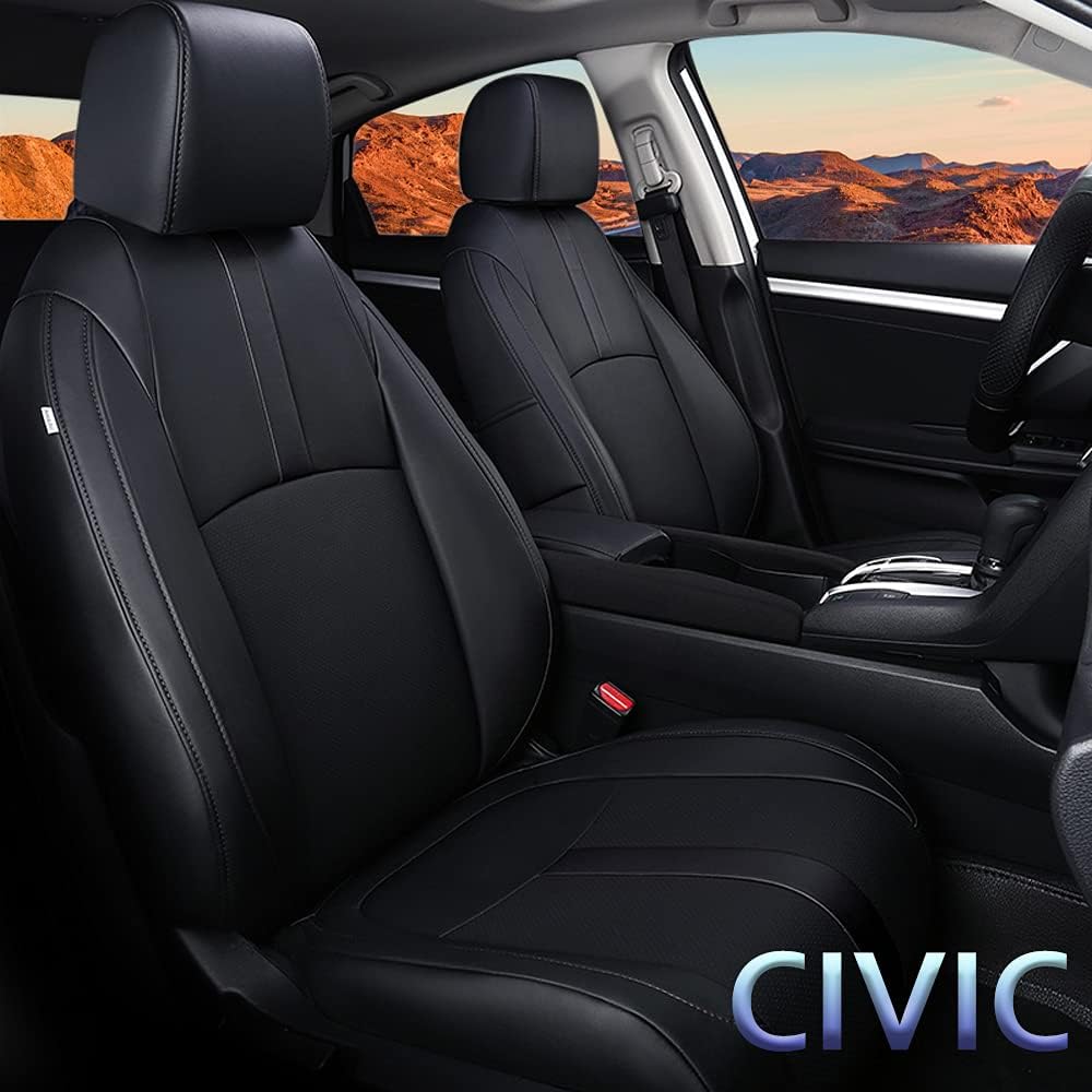 DISUTOGO Custom Fit Car Seat Covers for Honda Civic 2016 2017 2018 2019 2020 2021 2022 Sedan Full Set Faux Leather Waterproof Seat Cover Vehicle Protection Compatible Airbag Black