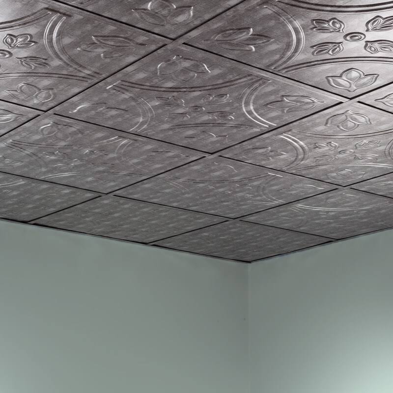 Fasade Traditional Pattern/Style #5 Decorative Vinyl 2ft x 2ft Lay in Ceiling Tile in Crosshatch Silver (5 Pack)