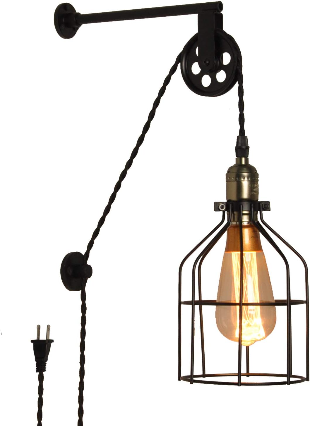 Modern Industrial Rustic Cage Wall Lamp Lift Pipe Pulley Wall Lights Fixture - Retro Pendant Lamp Adjustable with Plug in Cord - Wall Sconce for Indoor Living Room Restaurant (with no Bulb,Black)