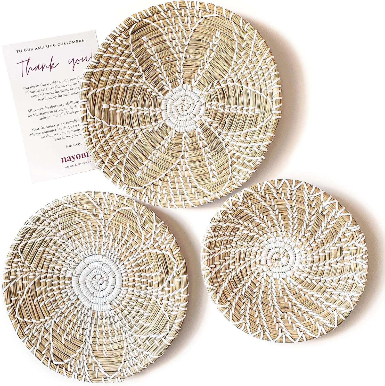 NAYOMI Handmade Wall Basket Decor Set of 3 for Boho Decor - Easy to Install Rattan Wall Decor Wall Hanging Baskets. Wall Baskets Decor Boho Flat. Decorative Wall Basket for Boho Wall Decor. Woven Wall Decor Pack of 2