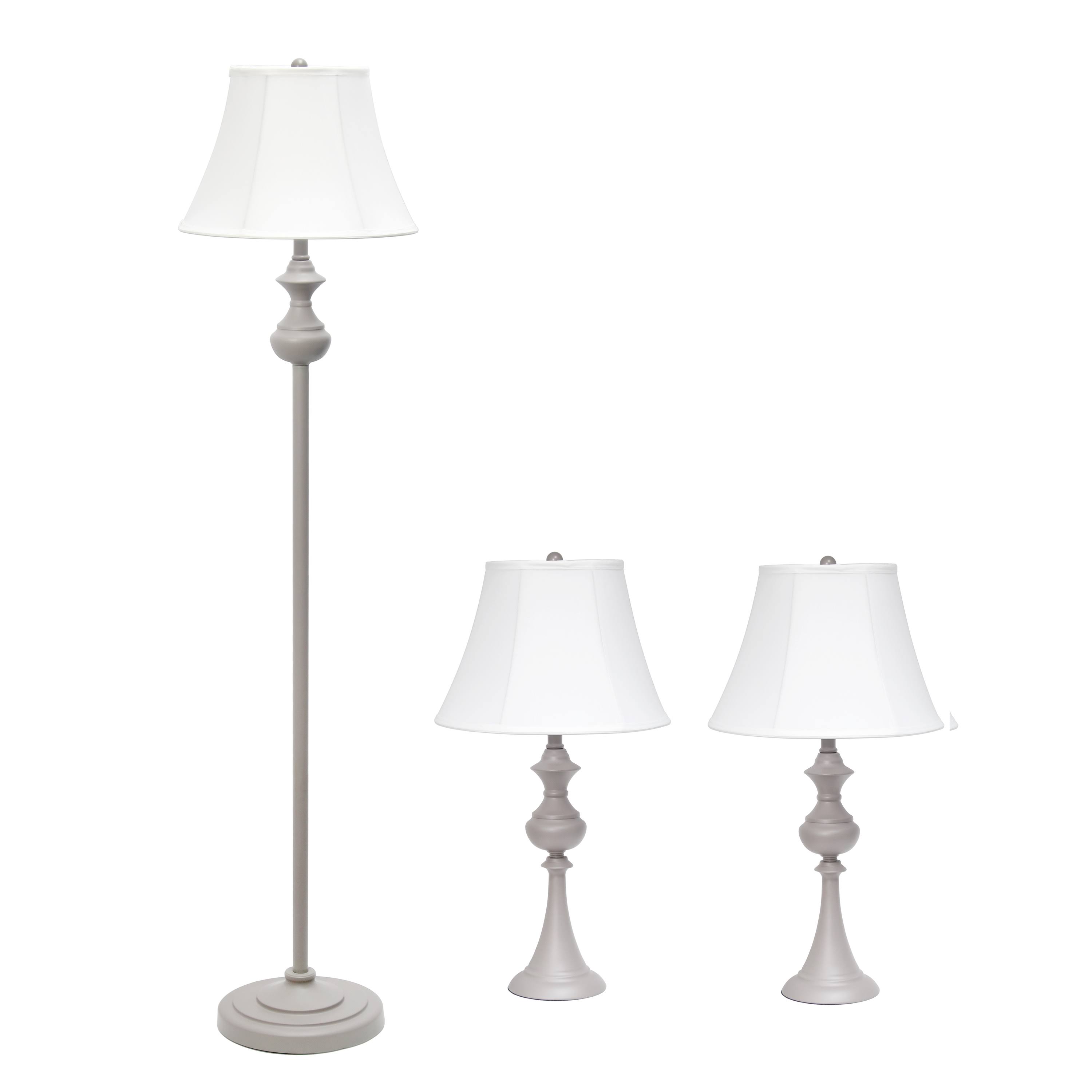 Elegant Designs Traditionally Crafted 3 Pack Lamp Set (2 Table Lamps, 1 Floor LAMP) with White Shades, Gray