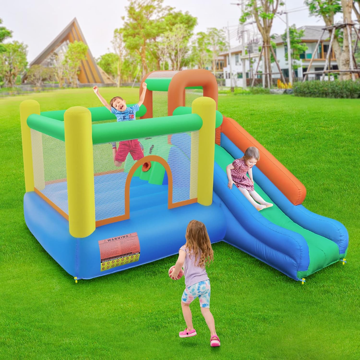 Amictoy Inflatable Bounce House, Kids Jumping Castle with Air Blower, Long Slide, Large Bouncing Area, Basketball Hoop for Backyards, Indoors and More, Castle Kids Party Theme