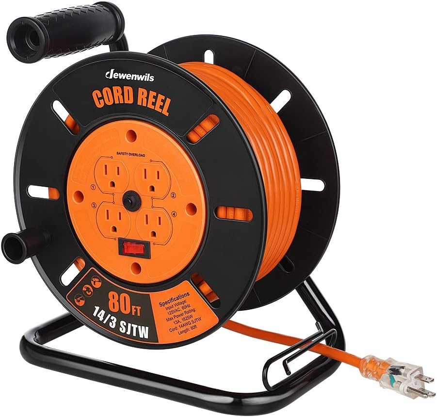 DEWENWILS Heavy Duty Open Cord Reel with 80FT Extension Cord, Hand Wind Retractable, 14/3 AWG SJTW, 4 Grounded Outlets, 13 Amp Circuit Breaker, Orange and Black, ETL Listed Pack of 2