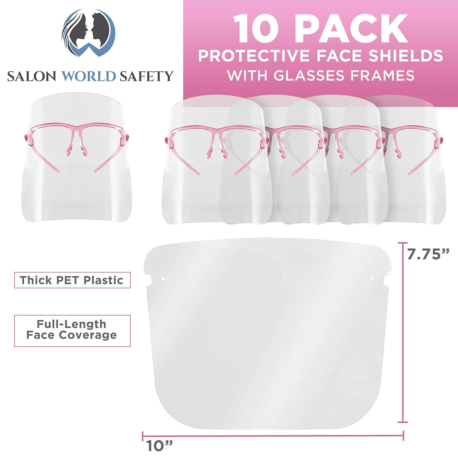 TCP Global Salon World Safety Face Shields with Pink Glasses Frames (Pack of 10) - Ultra Clear Protective Full Face Shields