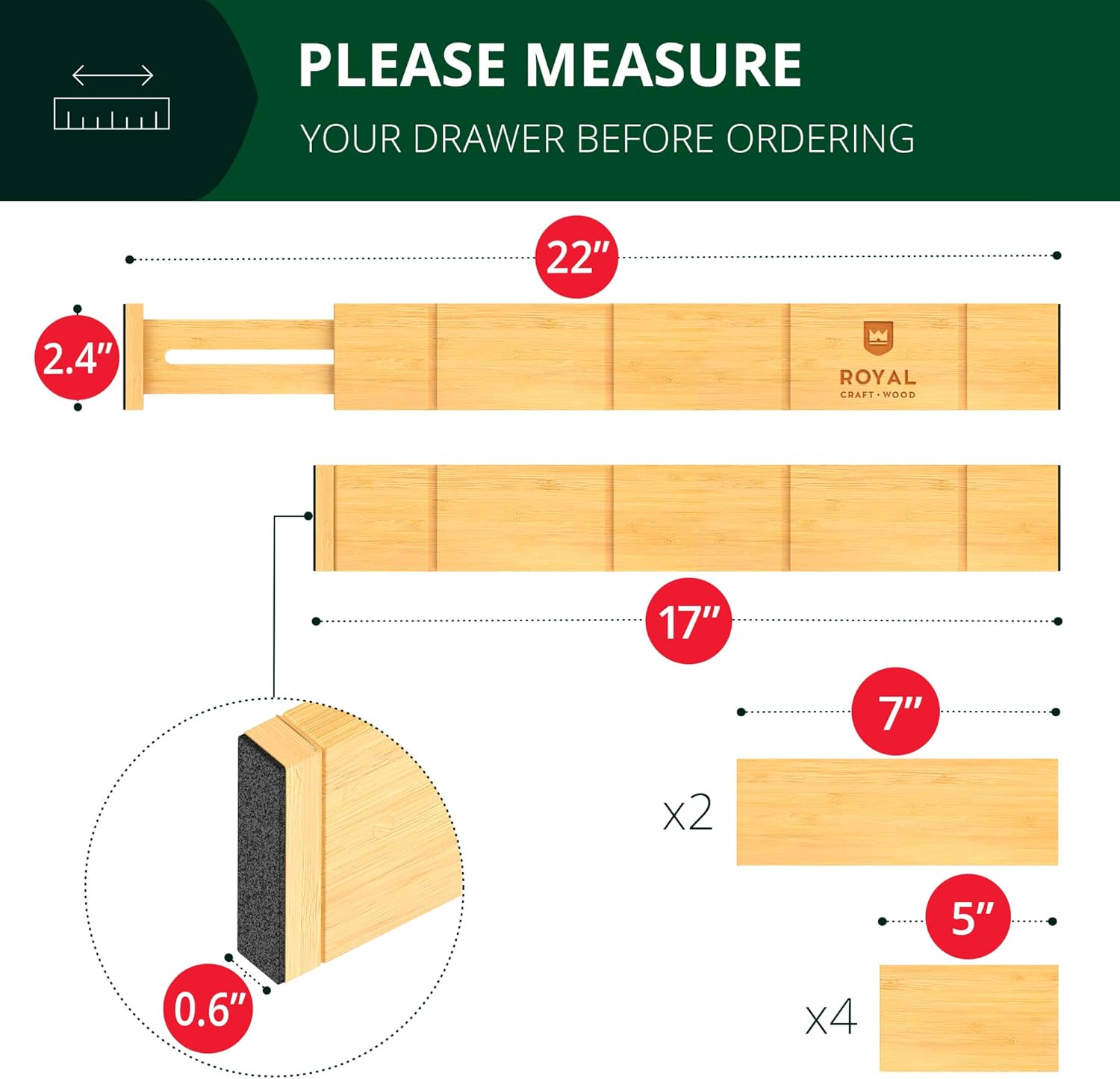Adjustable Bamboo Drawer Dividers with Inserts - Expandable Drawer Organization Separators for Kitchen, Dresser, Bedroom, Bathroom, 4-Pack (17