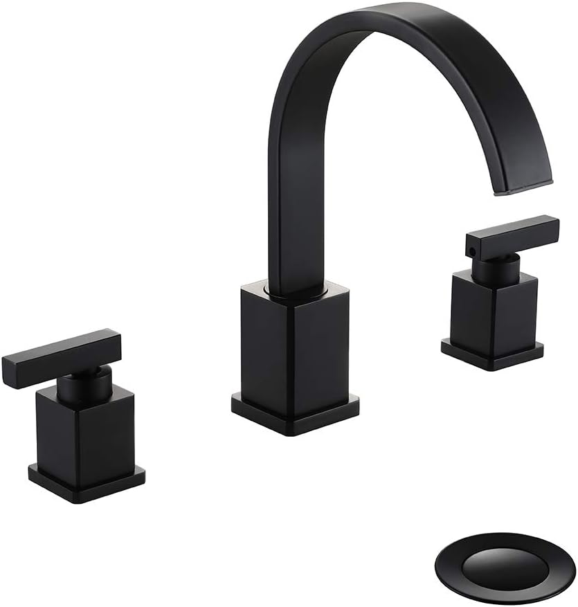 WorbWay Bathroom Faucet Matte Black,2 Lever Handle 8 inch Widespread Bathroom Sink Faucet with Pop-Up Drain (Matte Black)