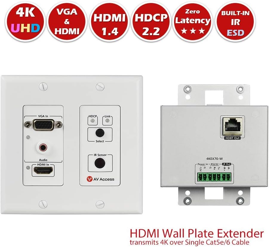 HDMI Extender Wall Plate HDMI VGA Switch 4K, 2 Port, Over Cat5e/6/7 Cable, Aux Input, Two-Way IR+RS232+HDCP2.2+EDID, 2 Gang, 4K60Hz,70M 1080P, AV Access HDMI HDBaseT Transmitter