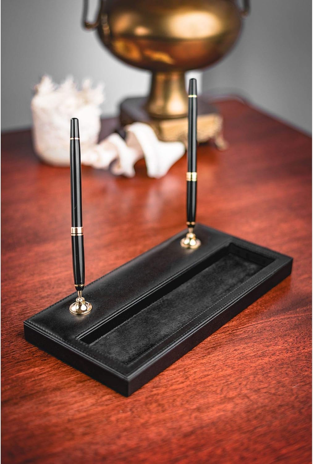 Dacasso Black Leather Double Gold Accents Pen Stand