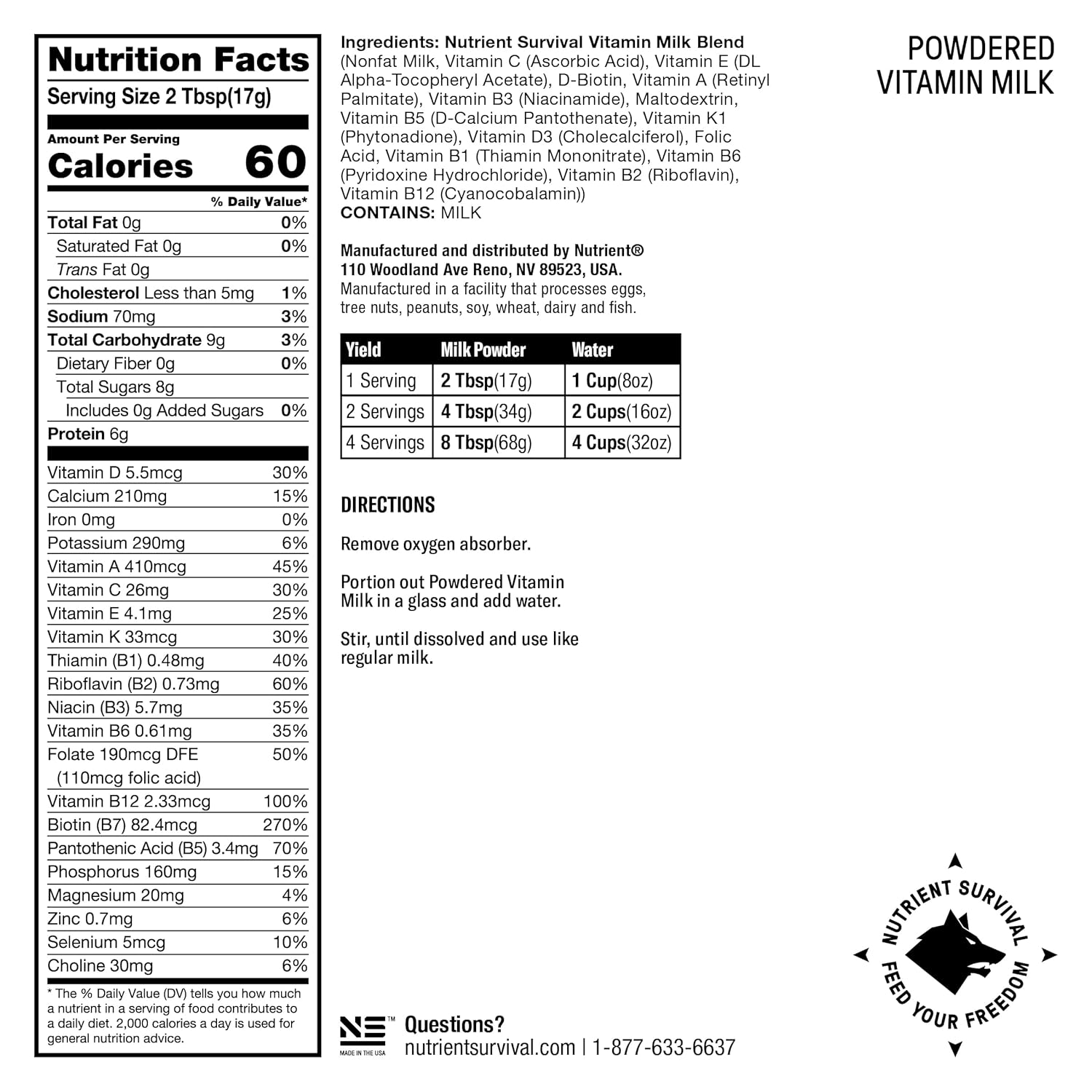 Nutrient Survival Powdered Vitamin Milk | Non-perishable #10 Can | 25 Year Shelf Life | Emergency Food Supply Pack of 2