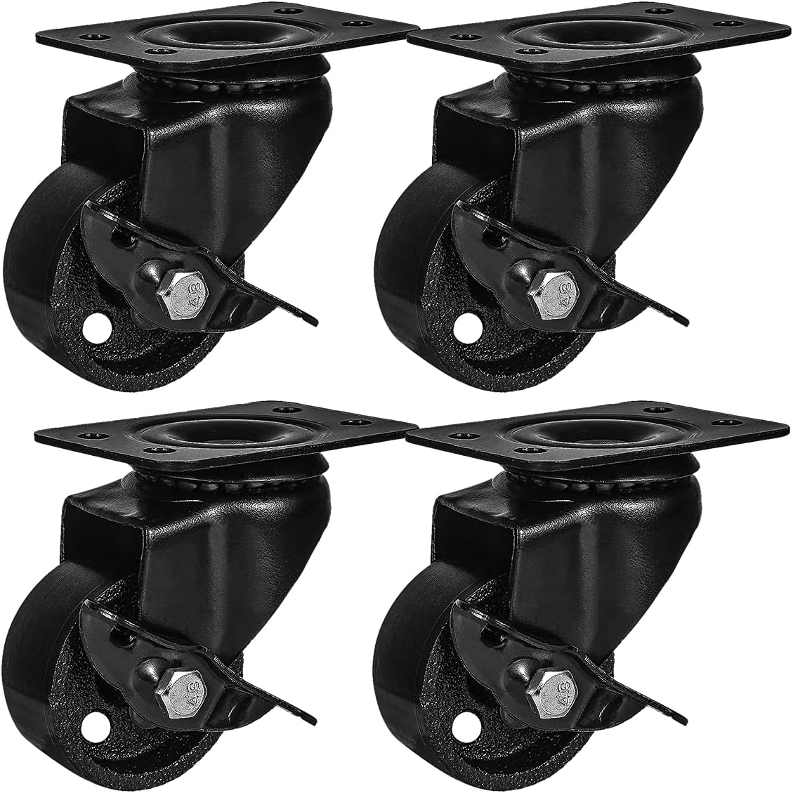 FactorDuty 4 All Black Metal Swivel Plate Caster Wheels w/Brake Lock Heavy Duty High-Gauge Steel (3