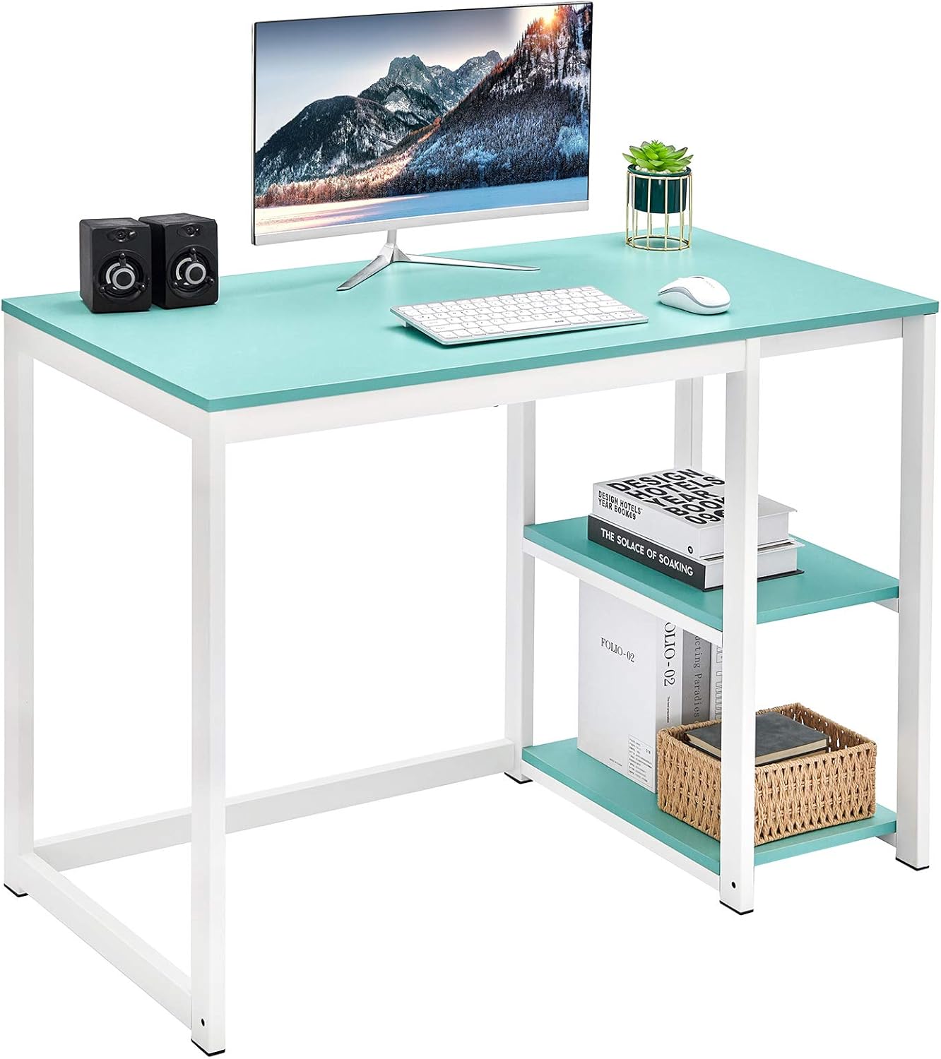 SINPAID Computer Desk 40 inches with 2-Tier Shelves Sturdy Home Office Desk with Large Storage Space Modern Gaming Desk Study Writing Laptop Table, White Desk