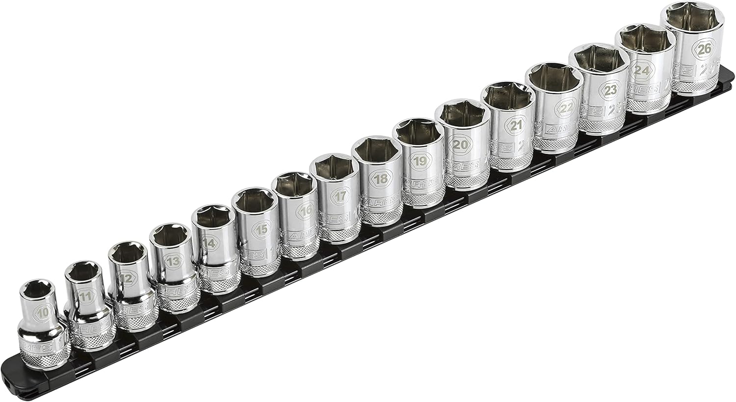 ARES 60126-3-Piece Green 17-Inch Aluminum Socket Rail Set with Locking End Caps - Includes 1/4-Inch, 3/8-Inch, and 1/2-Inch Drive Rails - Each Aluminum Rail Stores up to 16 Sockets