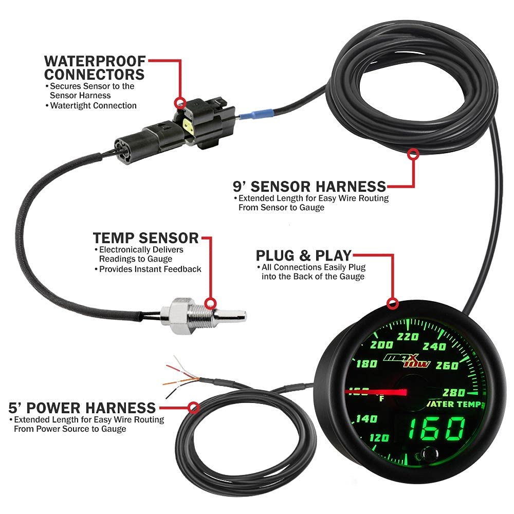 MaxTow Double Vision 280 F Water Coolant Temperature Gauge Kit - Includes Electronic Sensor - Black Gauge Face - Green LED Illuminated Dial - Analog & Digital Readouts - for Trucks - 2-1/16
