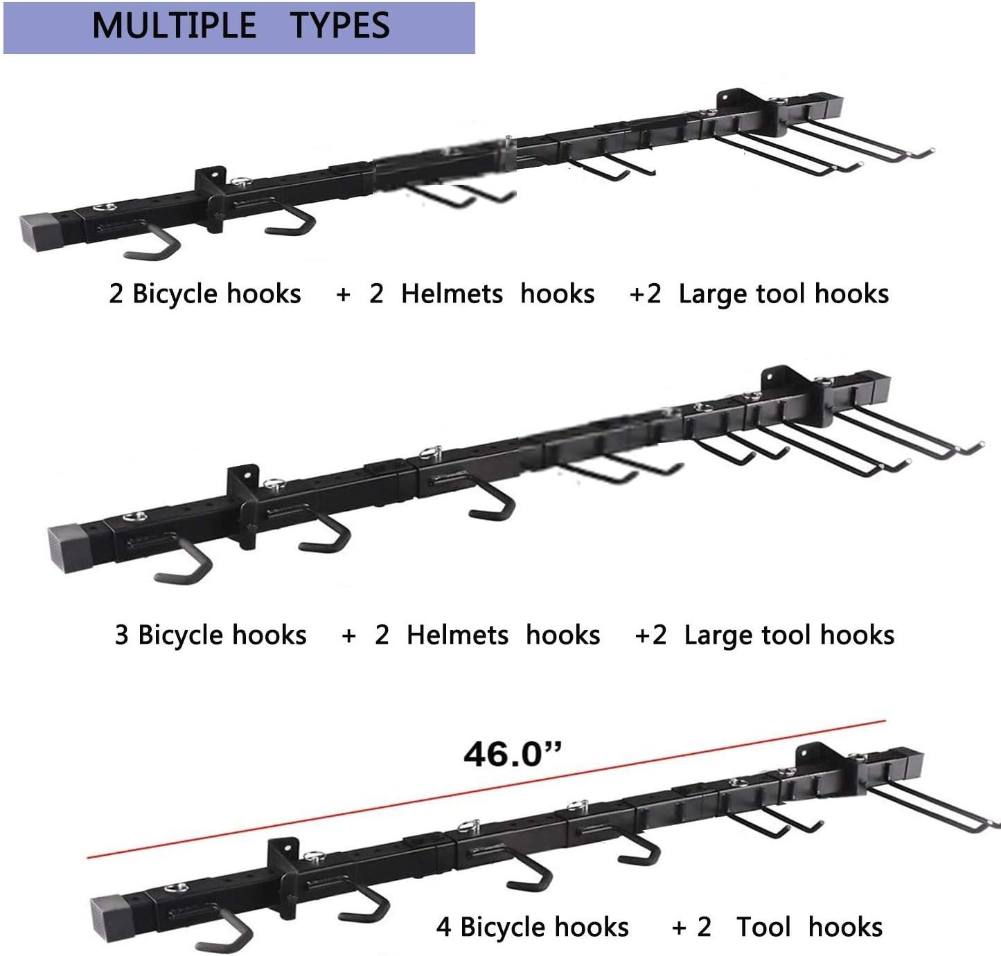 Omreid Wall Mount Bike Storage Rack Adjustable Storage System Tools and Bike Wall Hanger Mount,Home and Garage,Hold 4 Bicycles (8 hooks,46 in) Pack of 2