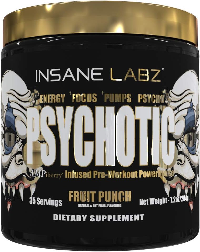Insane Labz Psychotic Gold and Insane Veinz Gold Pre Workout Nitric Oxide Booster Stack, Increase Muscle Mass, Vascularity, Strength, Energy, Focus, Gummy Candy and Fruit Punch. Pack of 2
