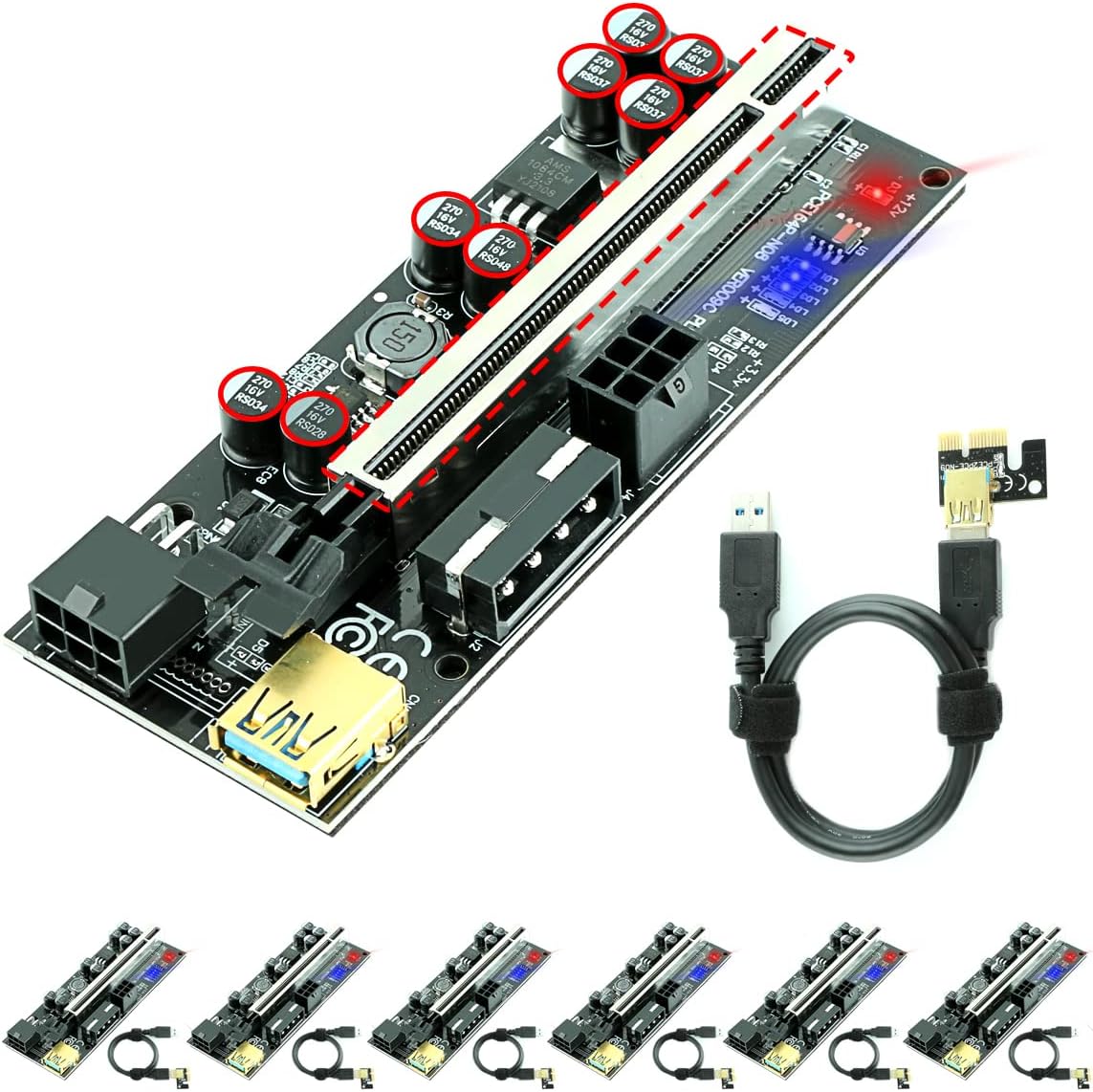 Ubit 6 Pack PCI-E Riser Express Cable 16X to 1X ( Dual-6pin / MOLEX) with Led Graphics Extension Ethereum ETH Mining Powered Riser Adapter Card+60cm USB 3.0 Cable Pack of 2