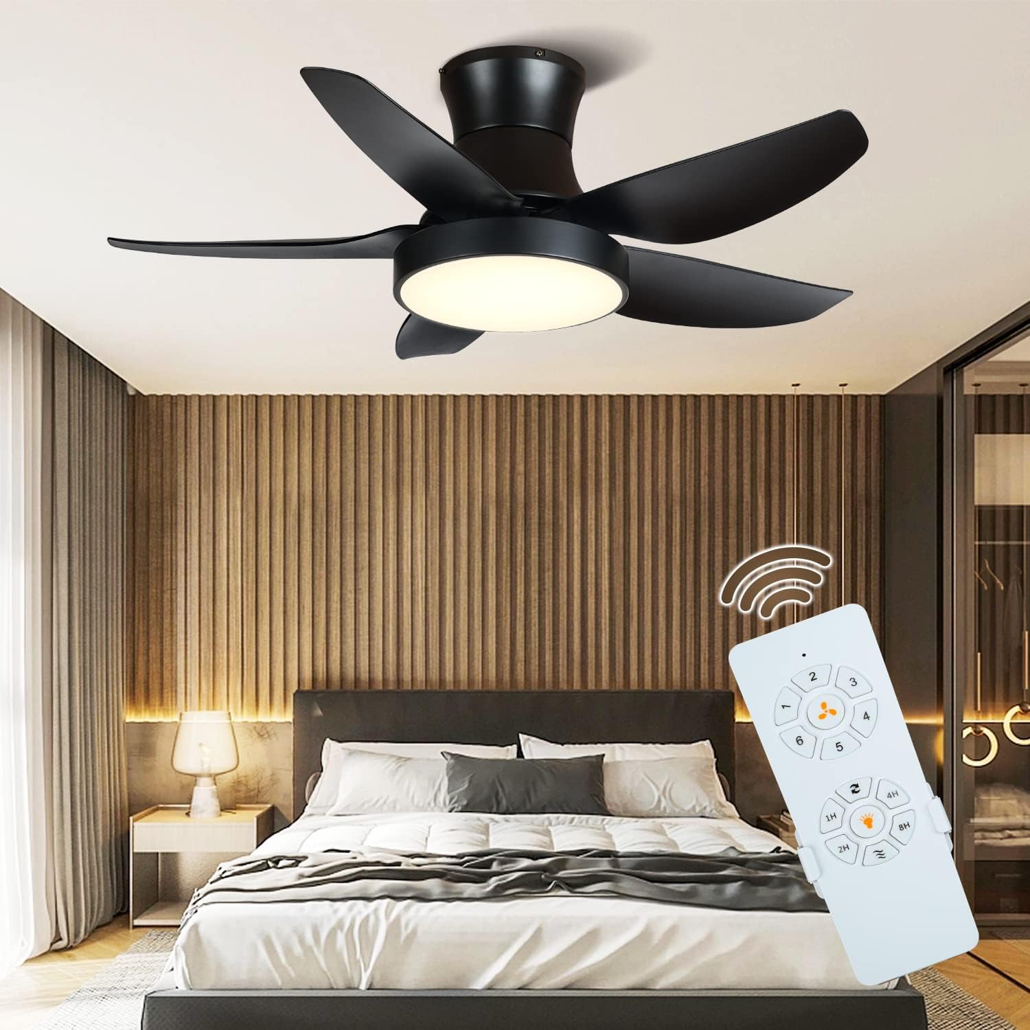 KAPOEFAN Flush Mount Ceiling Fan with Lights Remote Control, 42 inch Black Ceiling Fans with Reversible Quiet DC Motor - Dimmable LED Light - 6 Speeds - Timer (42 inch Black)