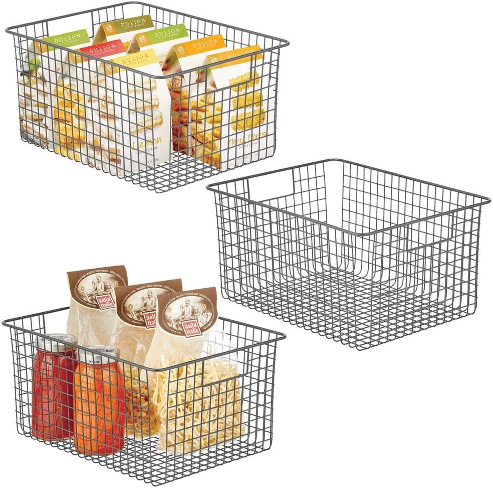 mDesign Farmhouse Decor Metal Wire Food Organizer Storage Bin Baskets with Handles for Kitchen Cabinets, Pantry, Bathroom, Laundry Room, Closets, Garage - 3 Pack - Bronze Pack of 2