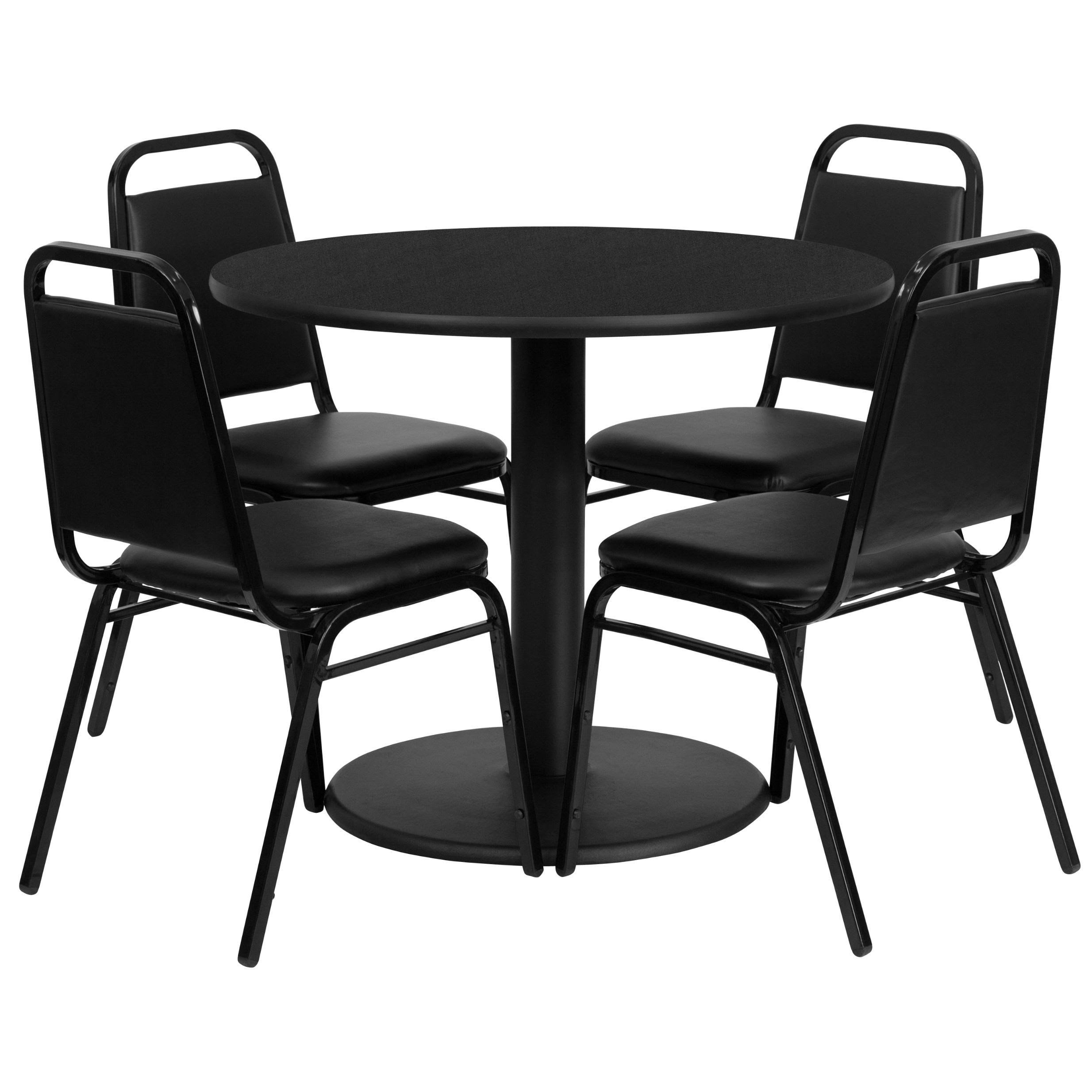 Flash Furniture 36&& Round Natural Laminate Table Set with 4 Black Trapezoidal Back Banquet Chairs