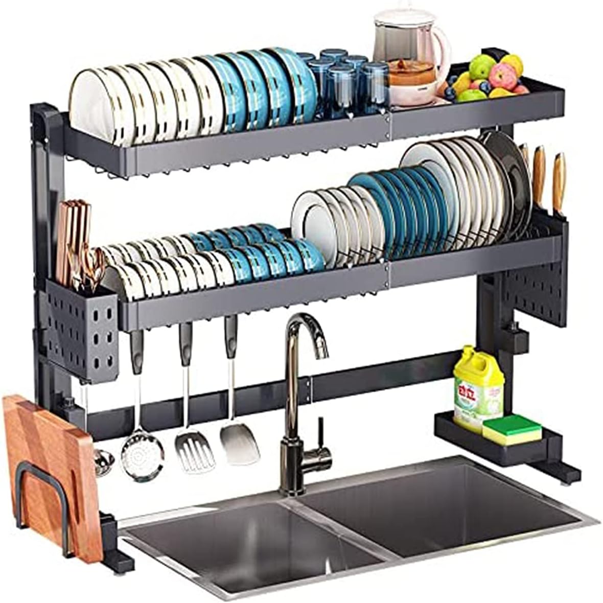 Over Sink Dish Drying Rack 2 Tier, Stainless Steel Kitchen Drainer Countertop Organizer, Large Dish Rack Drainer for Kitchen Organizer Storage Space Saver, Black