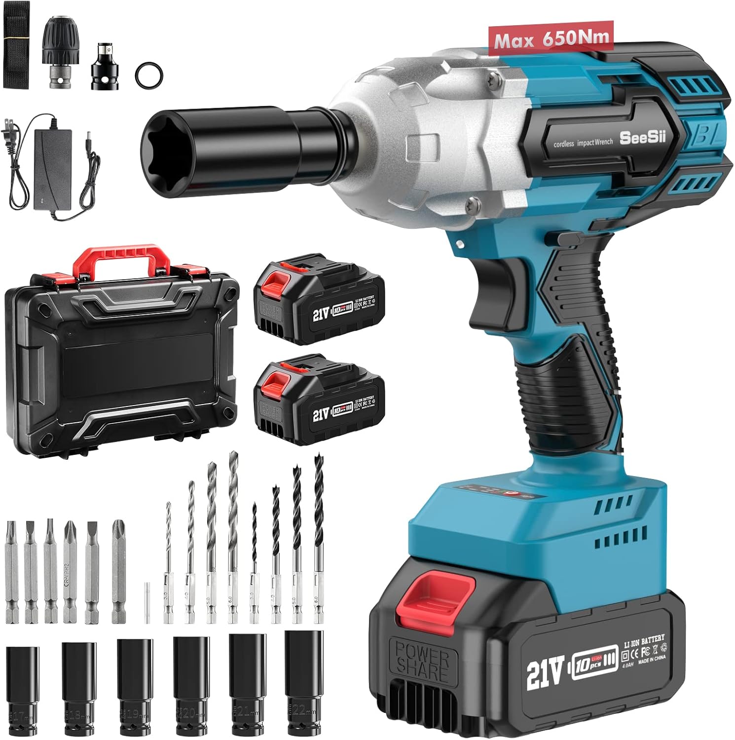 Cordless Impact Wrench, SeeSii Brushless Impact Wrench 1/2 inch Max Torque 479 Ft-lbs(650Nm), 3300RPM with 2x 4.0 Battery, 6 Sockets, 9 Drill, 6 Screws, High Torque Power Impact Wrench for Car Home