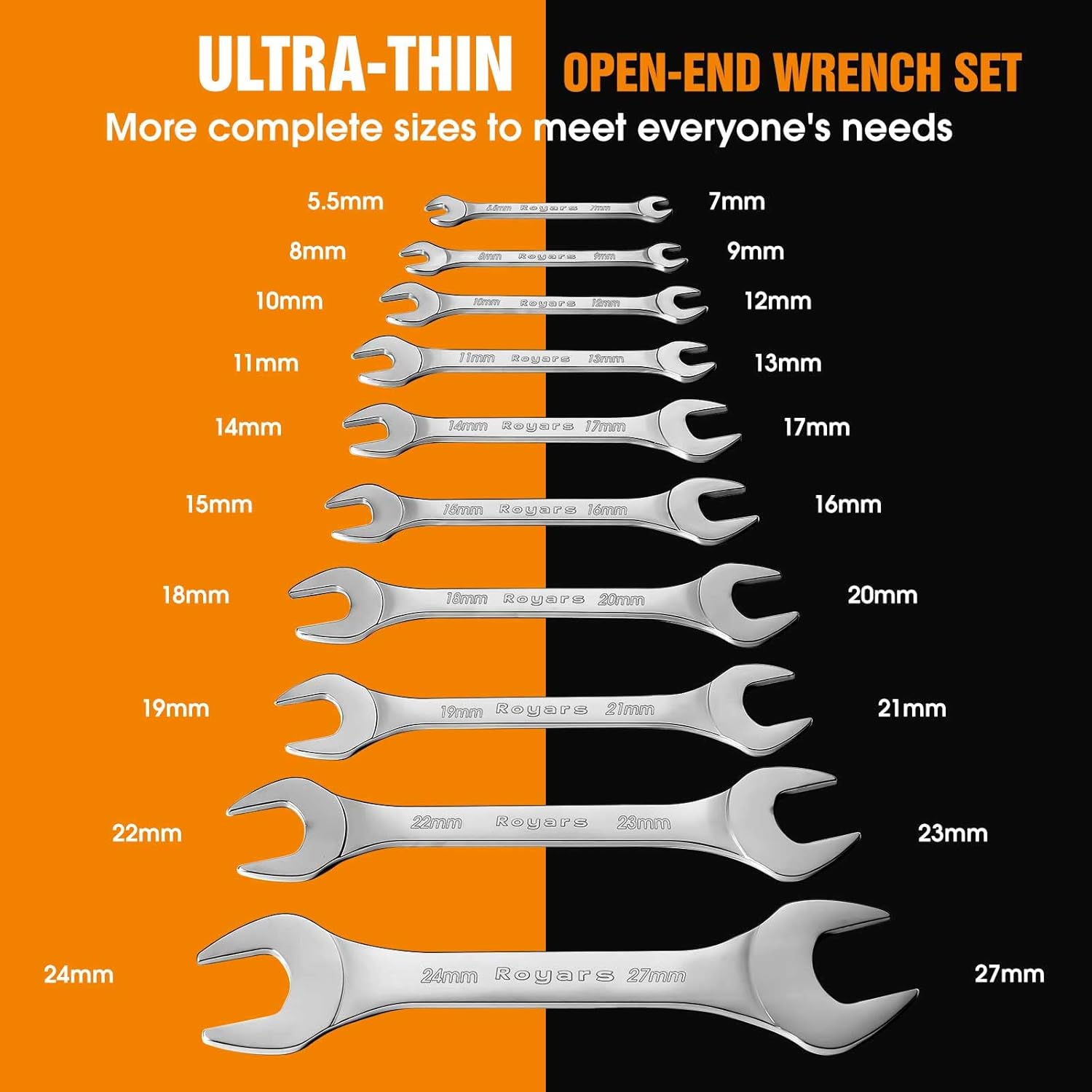 Royars 3mm Super Thin Wrenches Set, 10pcs, Metric, Dual Open End, Full Set 5.5 to 27mm, Chrome Finish Mirror Polished, Slim Spanner Wrench Set with Rolling Pouch for Tight Space, Narrow Nuts and Bolts