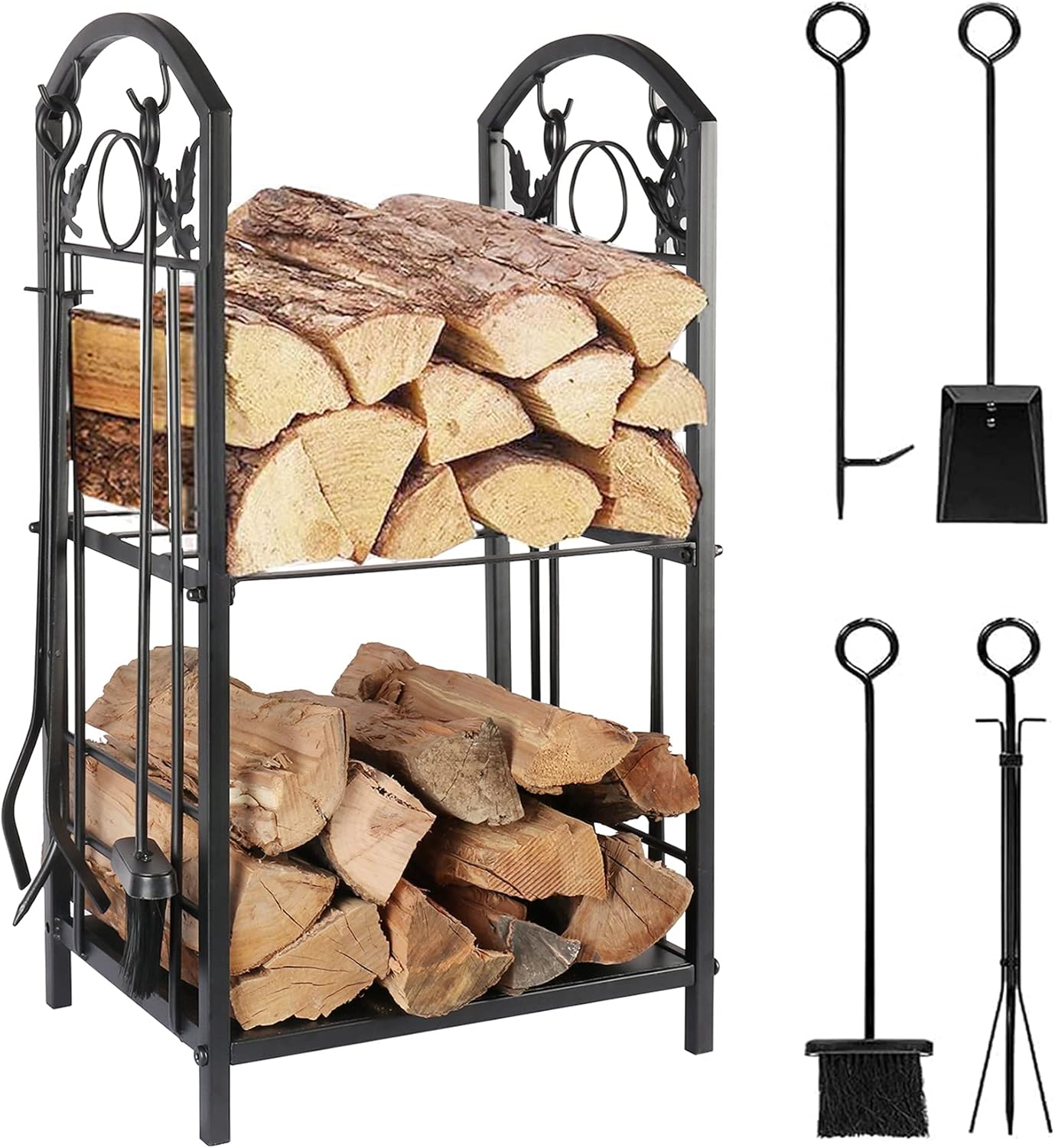 Lovinouse Firewood Log Rack with 4 Tools Set, 2 Layer Fireplace Wood Holder for Indoor Outdoor, Firewood Racks for Wood Stove Fireside Fire Pit (17 x 12 x 30 Inch)