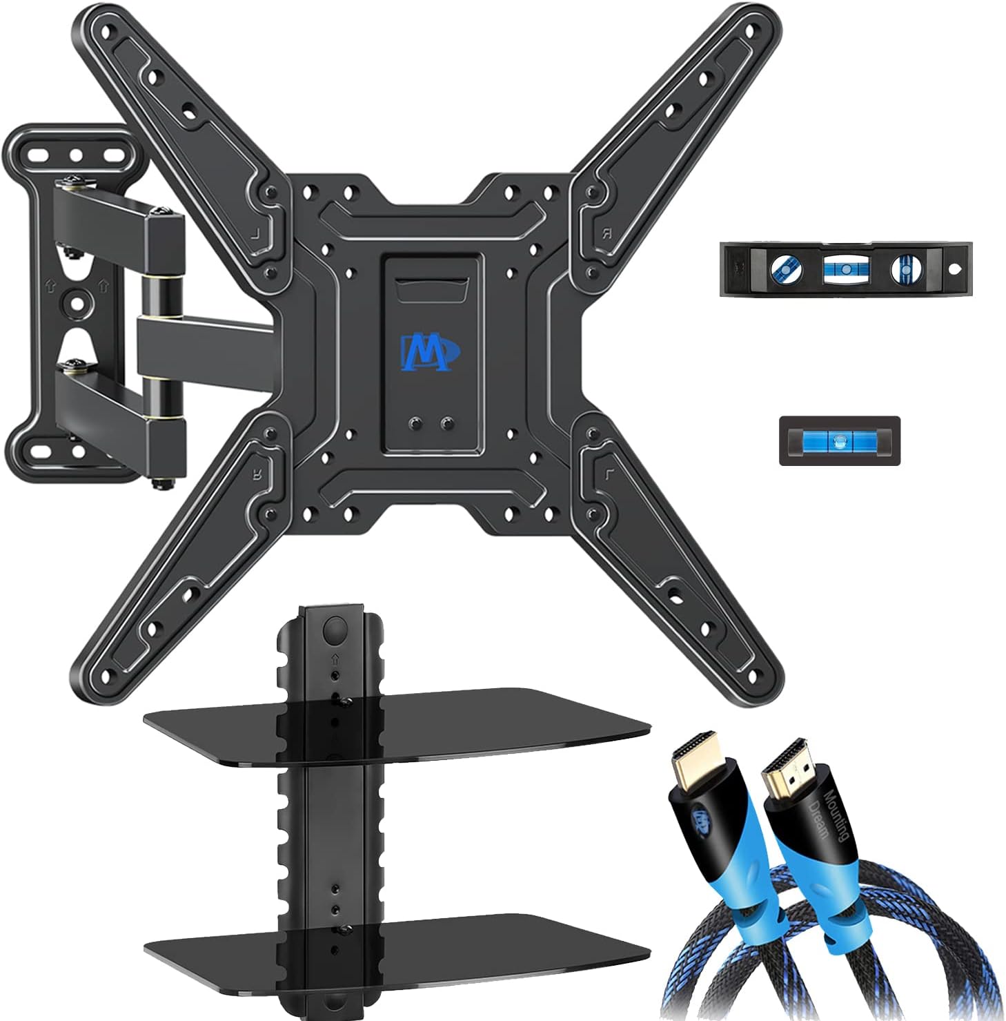 Mounting Dream Full Motion TV Wall Mounts TV Bracket for Most, LED,LCD,OLED Flat Screen TV, TV Mount with Perfect Center Design, Full Motion TV Mount with Swivel Articulating Arm (TV Mount with Shelf) Pack of 2