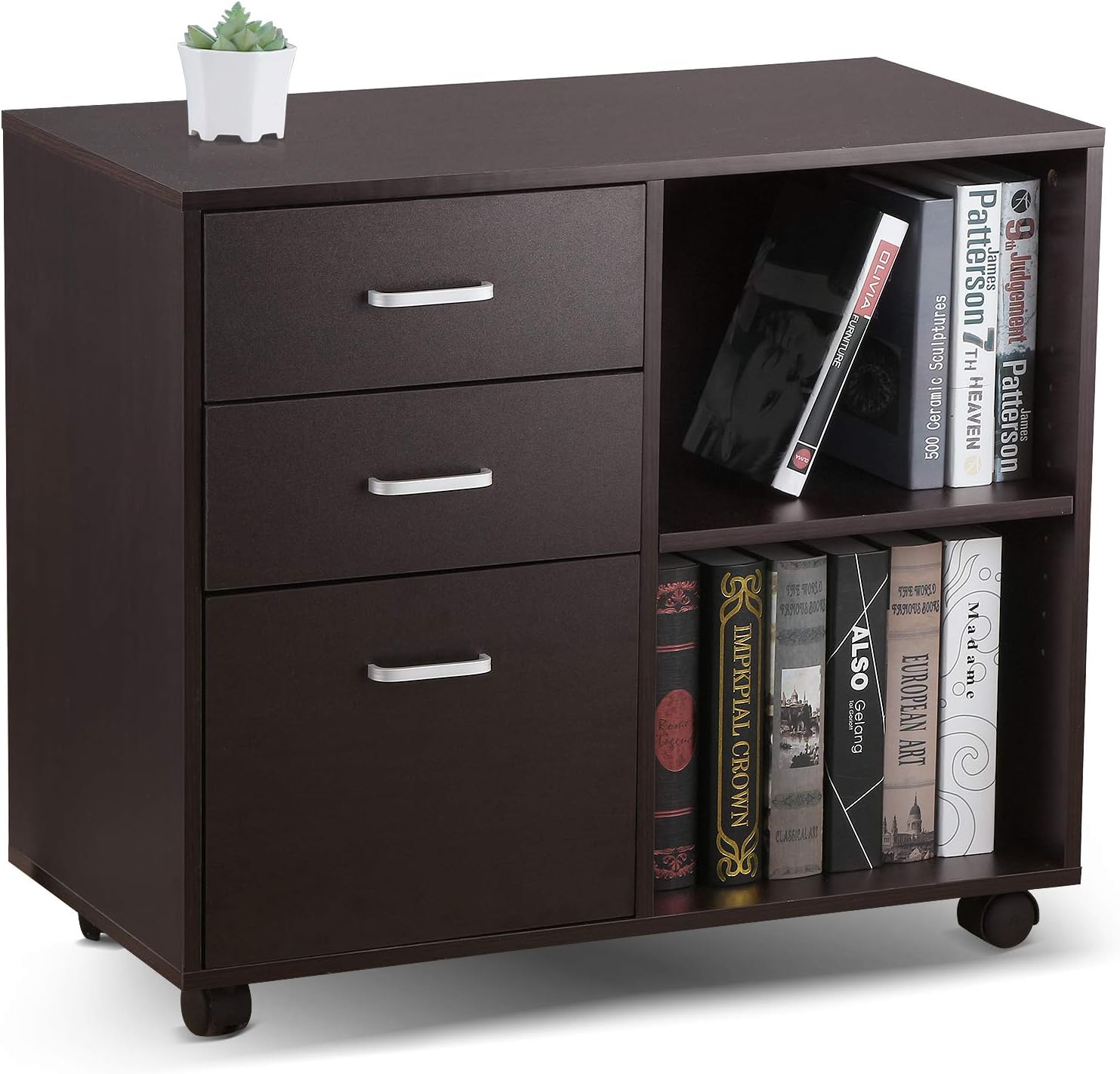 VANSPACE 3 Drawer Mobile Wood File Cabinet, Lateral Filing Cabinet with Wheels, Printer Stand with Adjustable Open Storage Shelves for Home Office, Oak Black