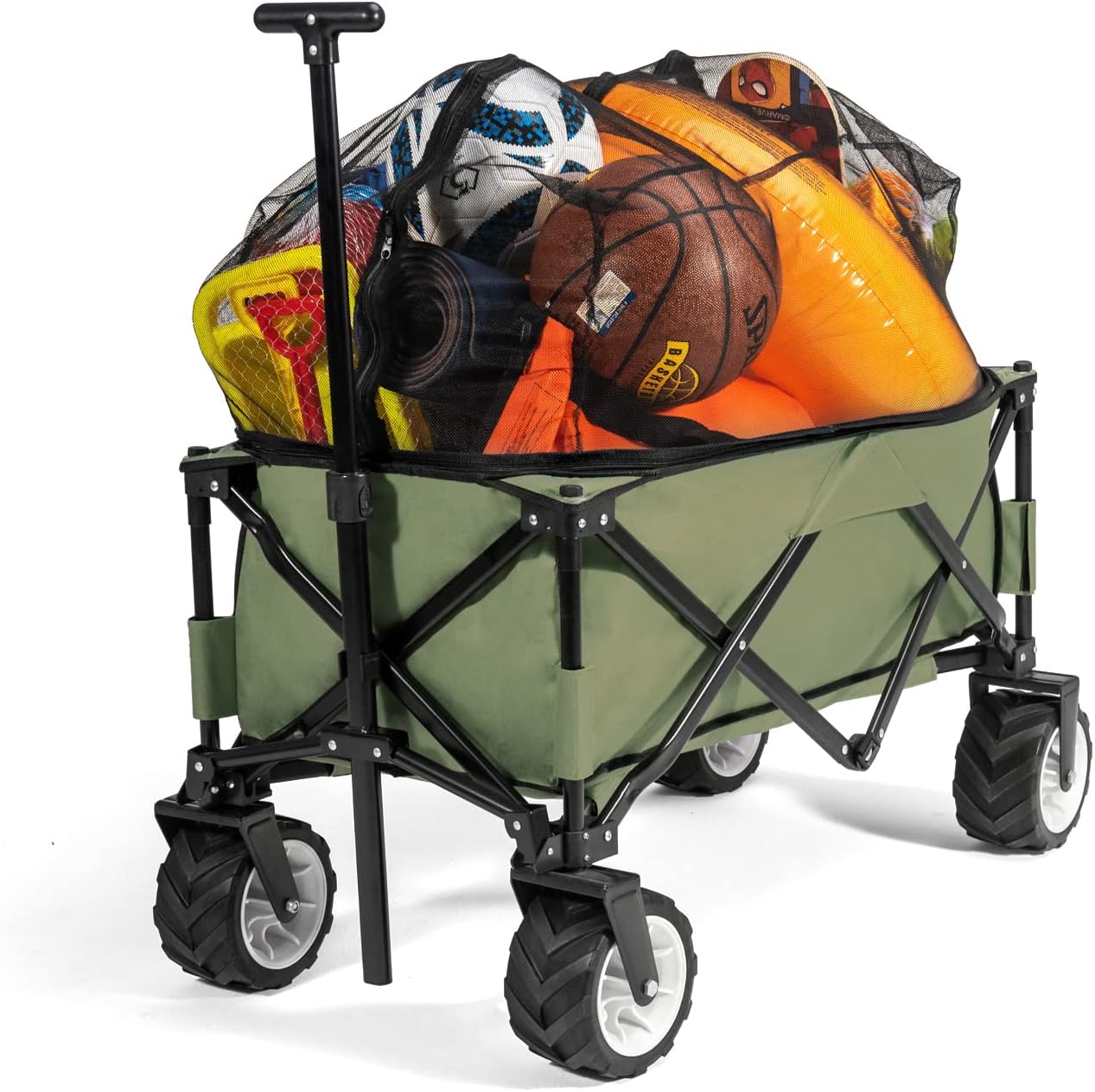 PA All Terrain Beach Cart for Sand Outdoor Utility Foldable Wagon Heavy Duty Garden Cart with Wide Wheels and Enlarge Space Mesh Cover Grey