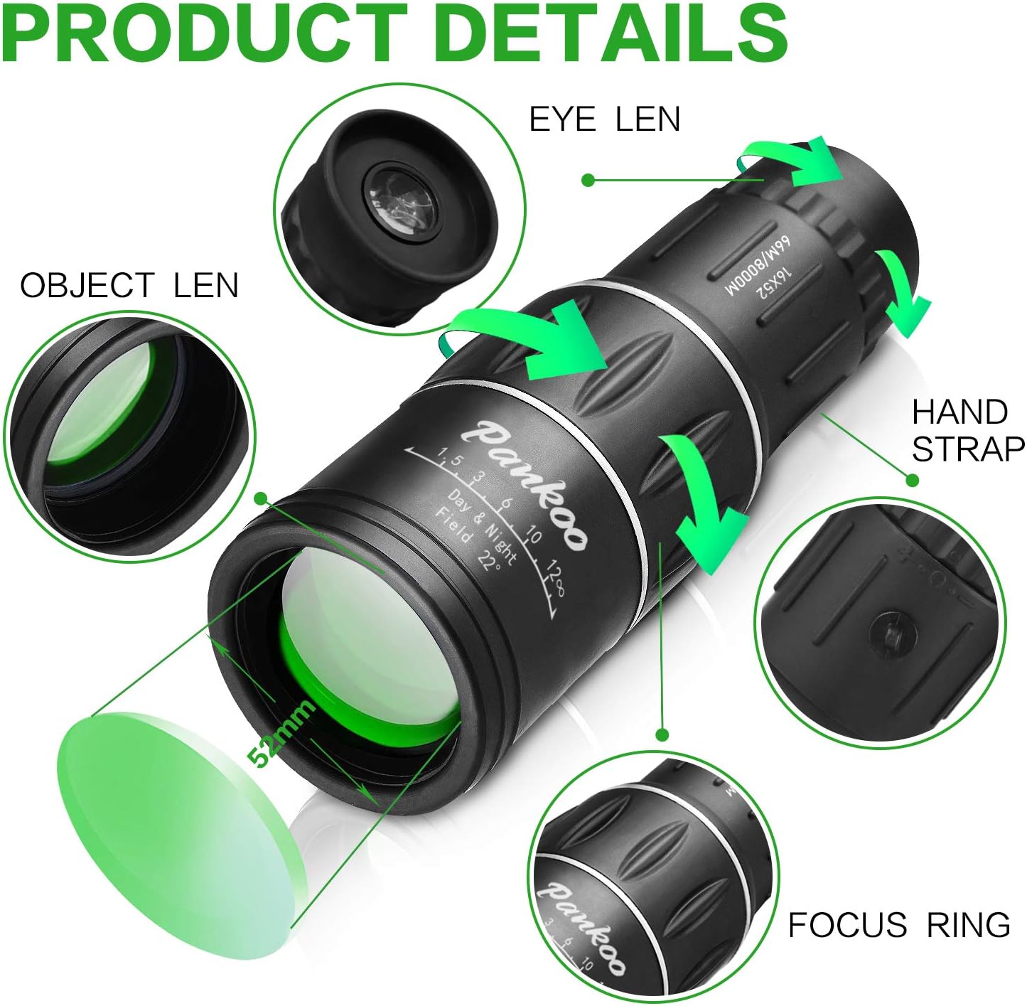 Pankoo 16X52 Monocular Telescope, High Power Prism Compact Monoculars for Adults Kids HD Monocular Scope for Bird Watching Hunting Hiking Concert Travelling
