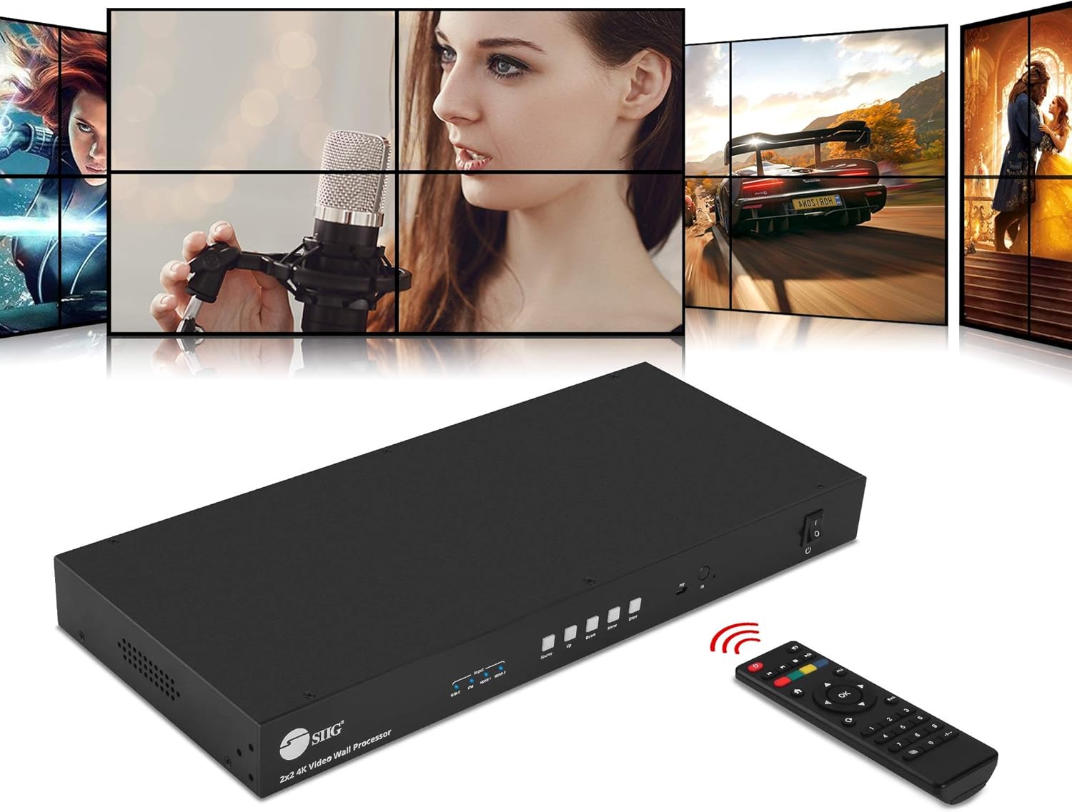 SIIG 2x2 4K HDMI Video Wall Controller, USB-C/DVI/HDMI Input, RS232/Web/IR Control, Audio Extract to Coaxial/3.5mm, Metal Housing, ESD Protection, 1x2, 1x3, 1x4, Cascading 10x10 max (CE-H26E11-S1)