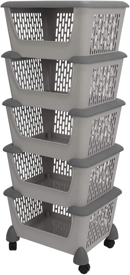 Ucake Plastic 5 Tiers Stacking Basket, Stackable Organizer Shelves Basket with Wheels, Gray