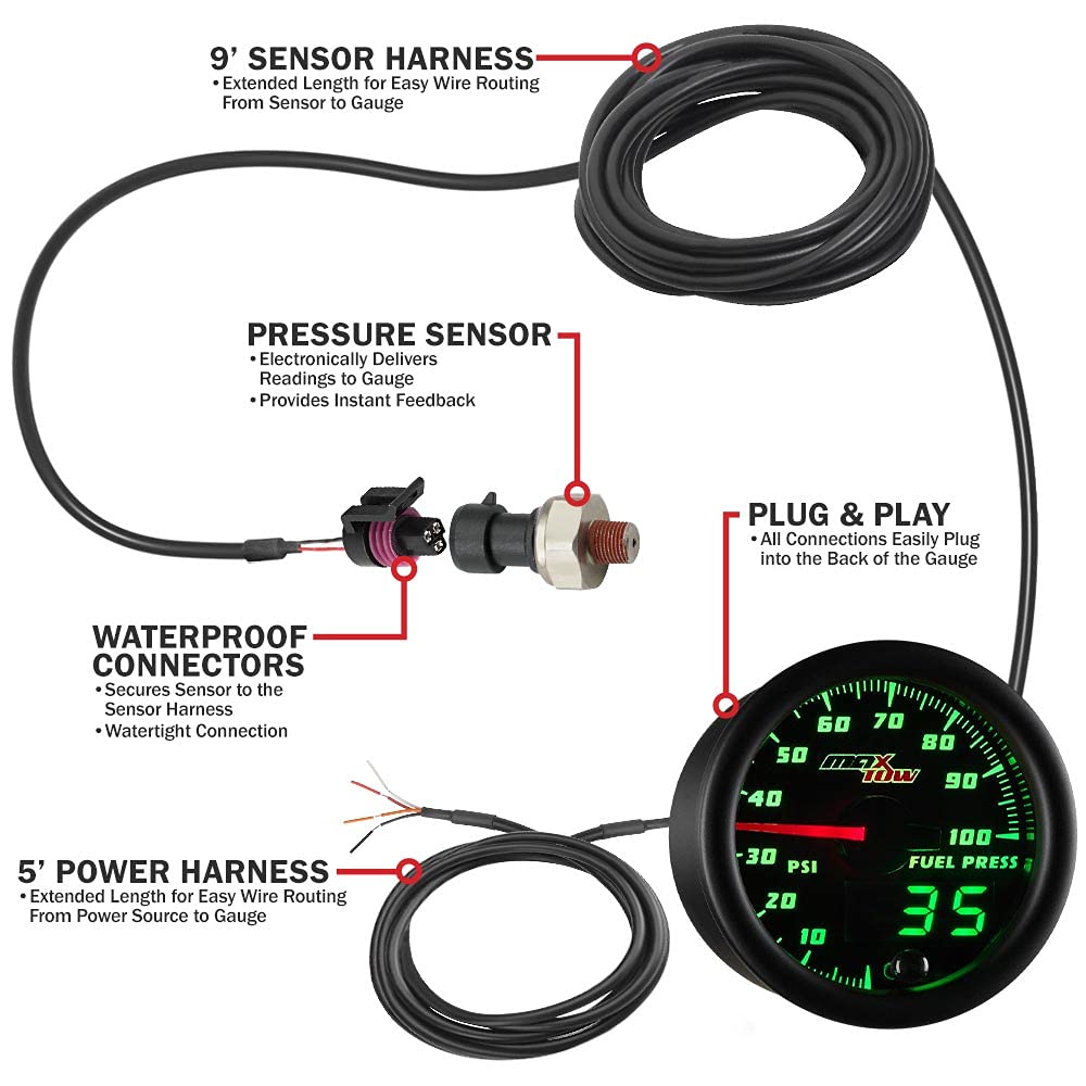 MaxTow Double Vision 100 PSI Fuel Pressure Gauge Kit - Includes Electronic Sensor - Black Gauge Face - Green LED Illuminated Dial - Analog & Digital Readouts - for Trucks - 2-1/16