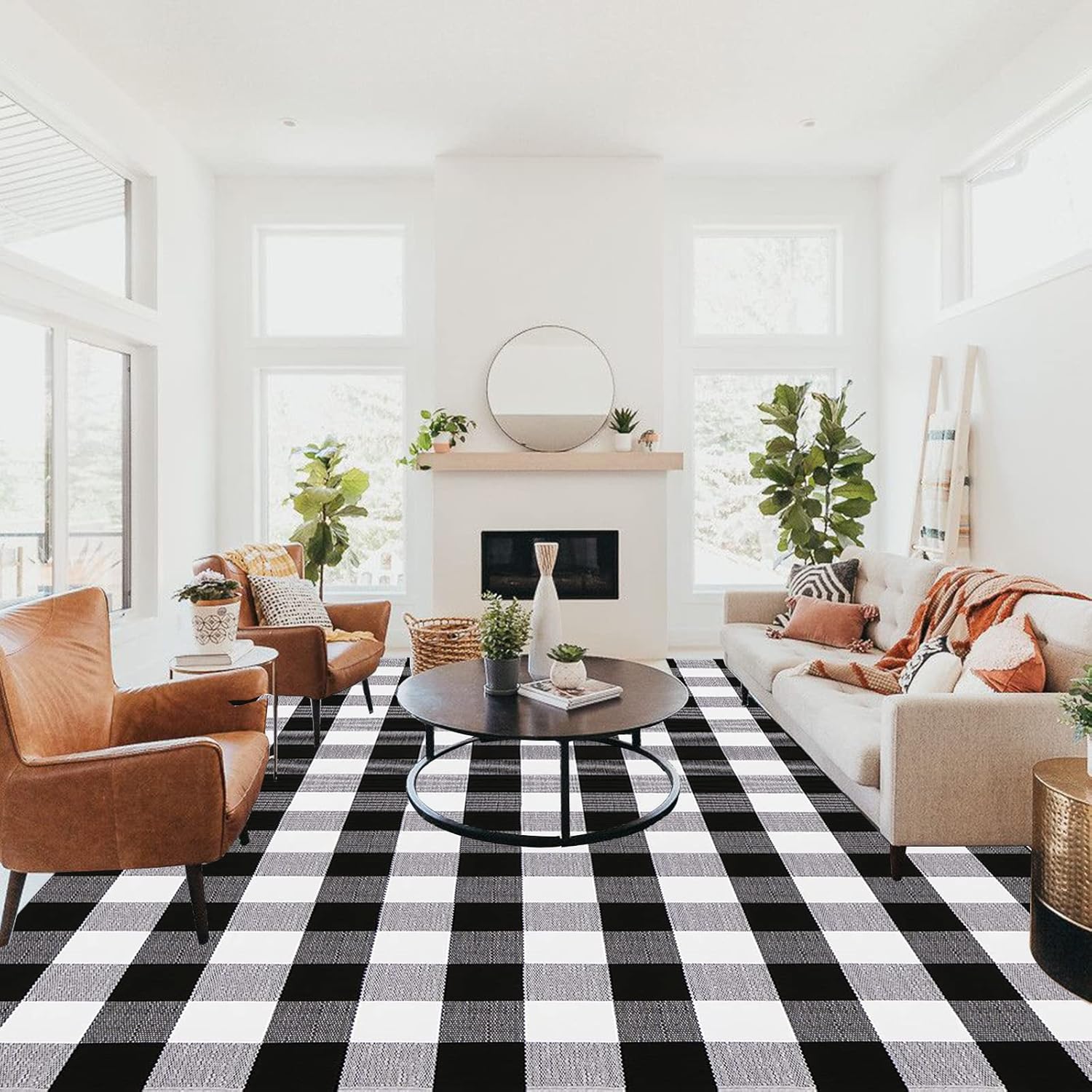 Buffalo Plaid Rugs 5' x 7' Cotton Black and White Check Rug Hand-Woven Indoor/Outdoor Area Rug for Welcome Door Mat, Front Porch,Kitchen,Bathroom,Entry Way,Living Room