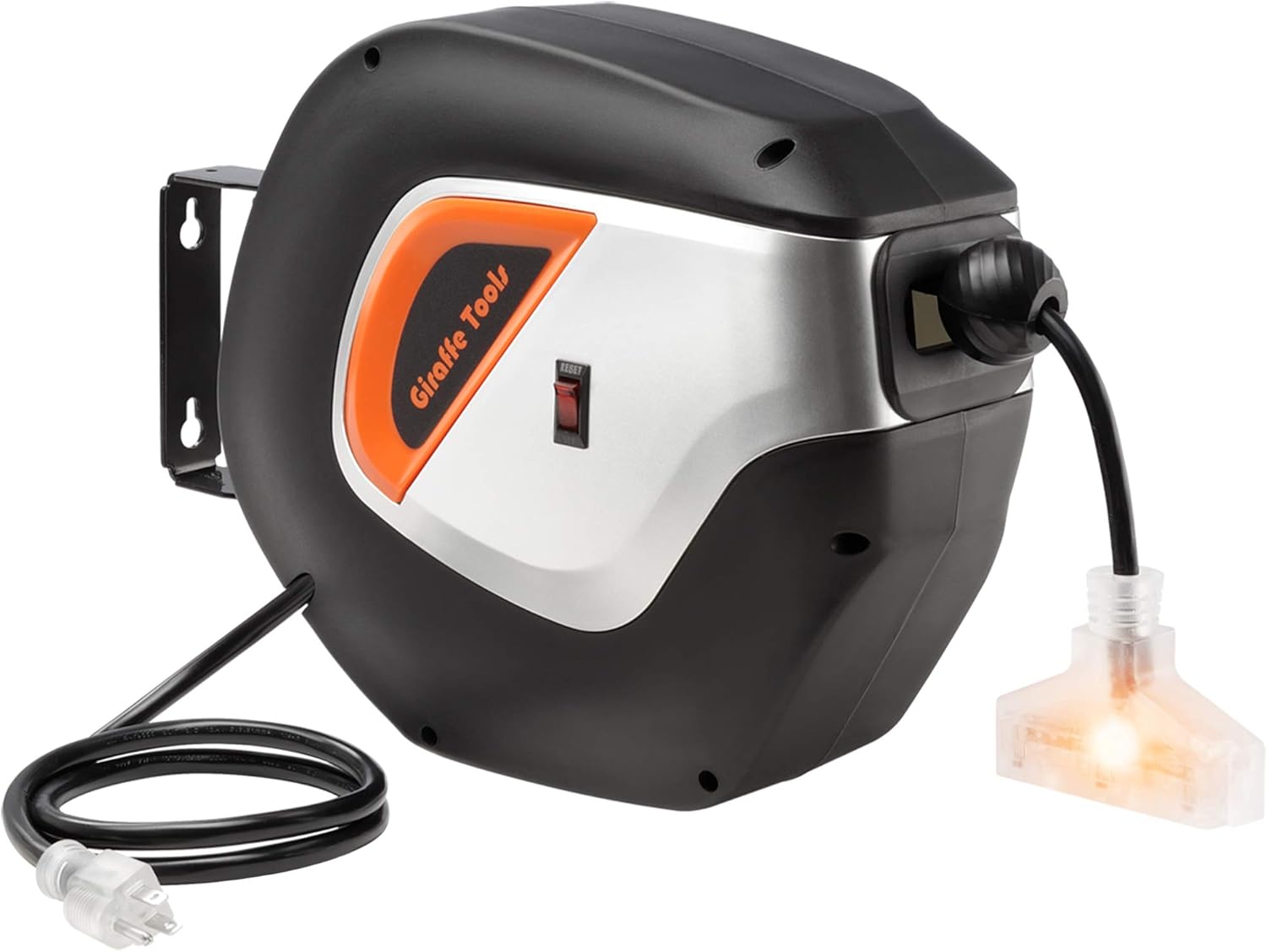 Giraffe 40FT Retractable Extension Cord Reel, Wall/Ceiling Mount 16/3 Gauge with Lighted 3 Electrical Outlets Power Cord Reel Pack of 2