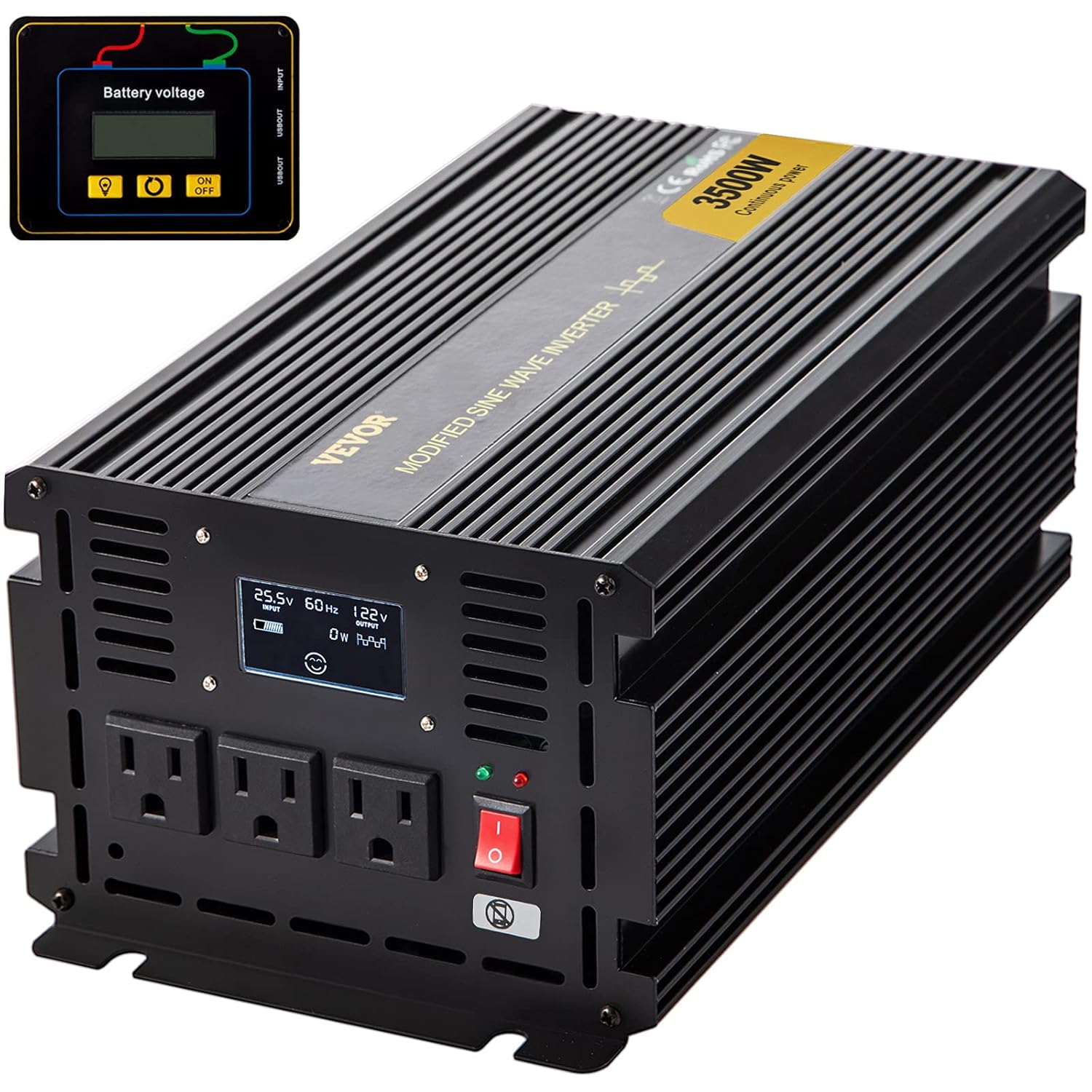 VEVOR Power Inverter, 3500W Modified Sine Wave Inverter, DC 24V to AC 120V Car Converter, with LCD Display, Remote Controller, LED Indicator, AC Outlets Inverter for Truck RV Car Boat Travel Camping
