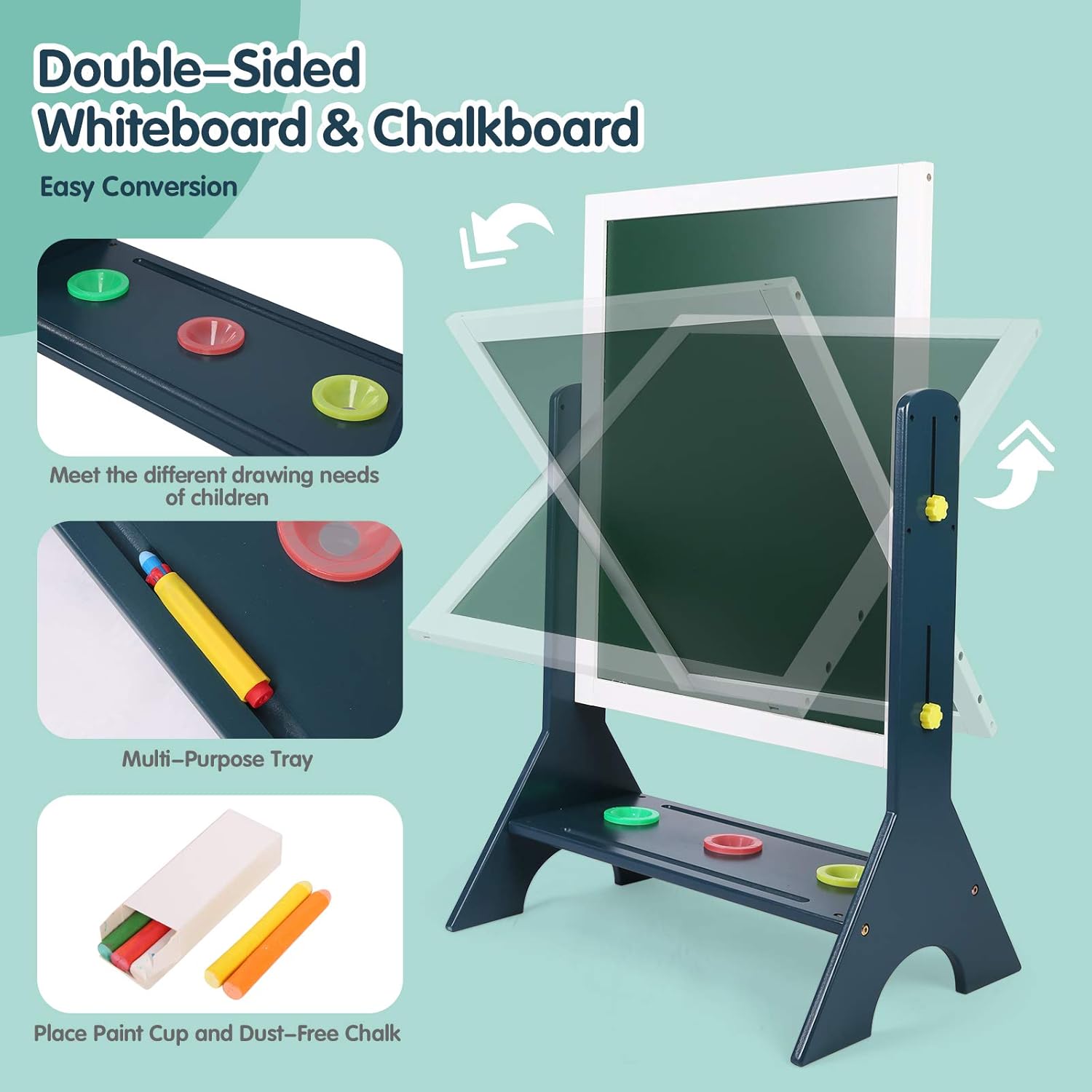 Kids 2-in-1 Wooden Art Easel,Double-Sided Magnetic Adjustable Standing Easel,Big Writing and Drawing Whiteboard & Chalkboard with Magnetic Letters and Numbers Accessories for Boys Girls