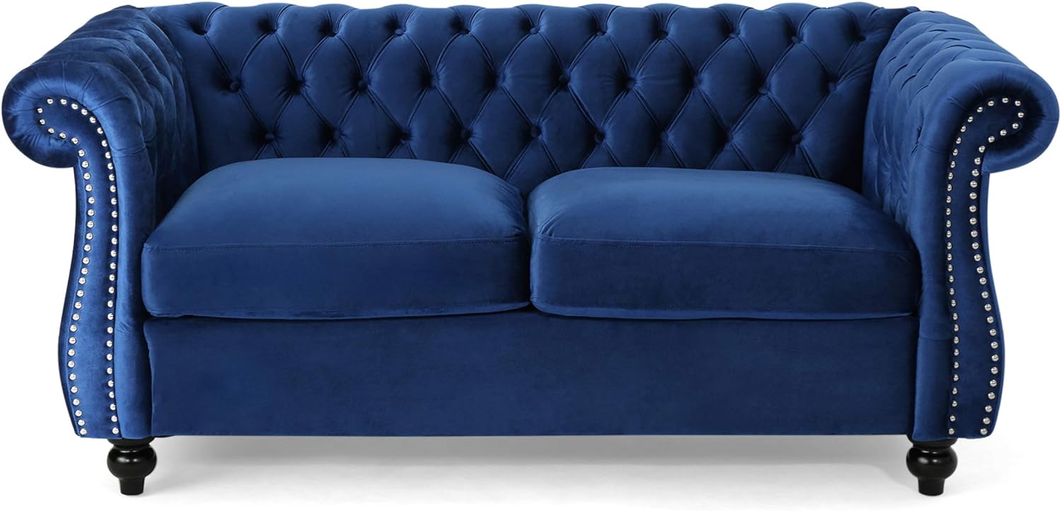 Christopher Knight Home 306027 Karen Traditional Chesterfield Loveseat Sofa, Navy Blue and Dark Brown, 61.75 x 33.75 x 27.75 & Leora Traditional Tufted Velvet Wingback Loveseat, Navy Blue/Dark Brown
