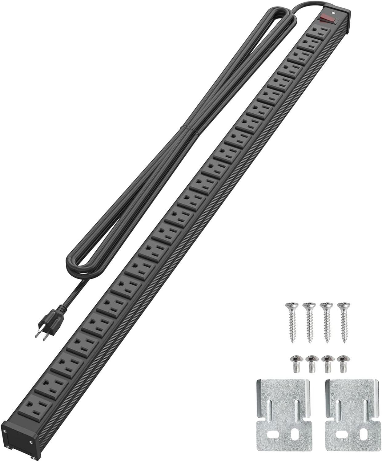 Metal Power Strip 24 Outlets, Heavy Duty Surge Protector Power Strip with 15 FT Long Extension Cord, Wall Mount Power Strip for Office, School, Workbench, Garage (Black) Pack of 2