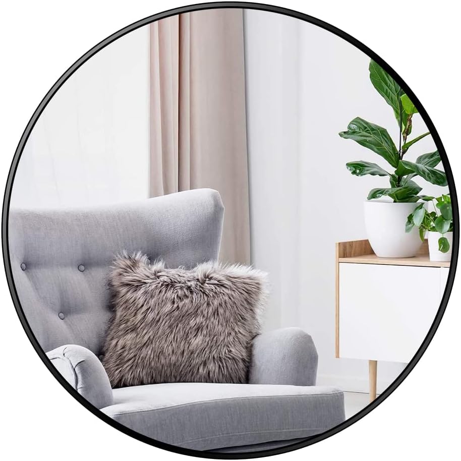 29.5 Inch Round Wall Mirror, Aluminum Alloy Vanity Mirror Decorative Mirror Large Round Wall Mirror, for Bathroom, Entry, Dining Room and Living Room -Black